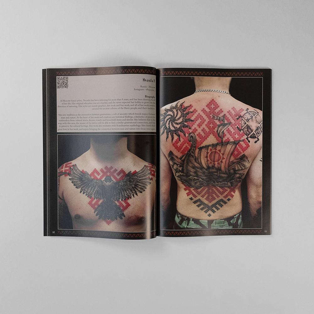 Viking tattoo art book featuring Norse ship, raven, and geometric patterns on back and chest
