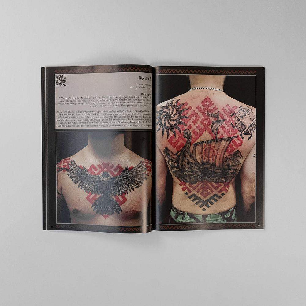 Viking tattoo art book featuring Norse ship, raven, and geometric patterns on back and chest