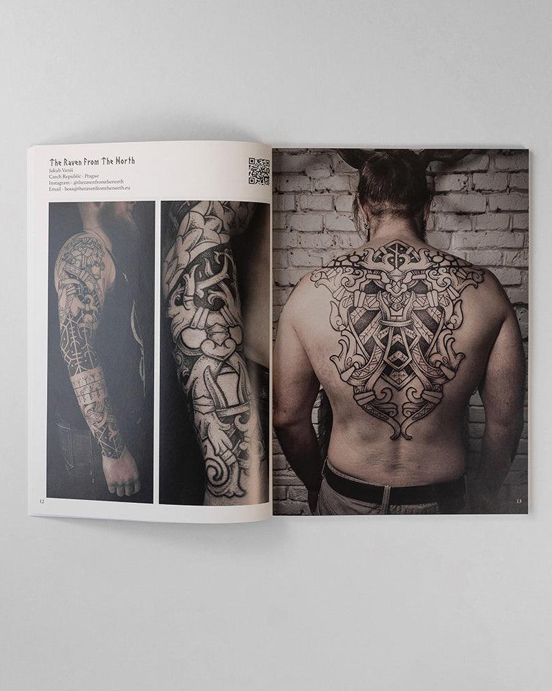 Viking tattoo art book featuring Norse-inspired back and arm designs from authentic archaeological sources