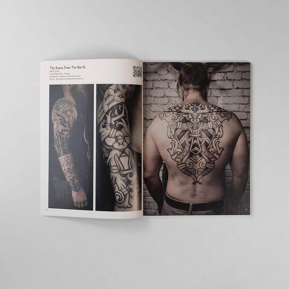 Viking tattoo art book featuring Norse-inspired back and arm designs from authentic archaeological sources