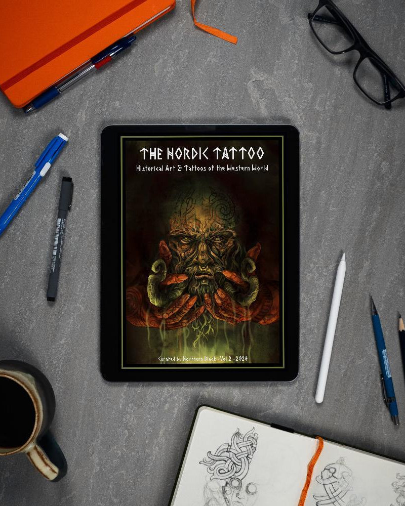 The Nordic Tattoo art book on tablet, featuring Viking designs and Norse-inspired artwork for tattooists.
