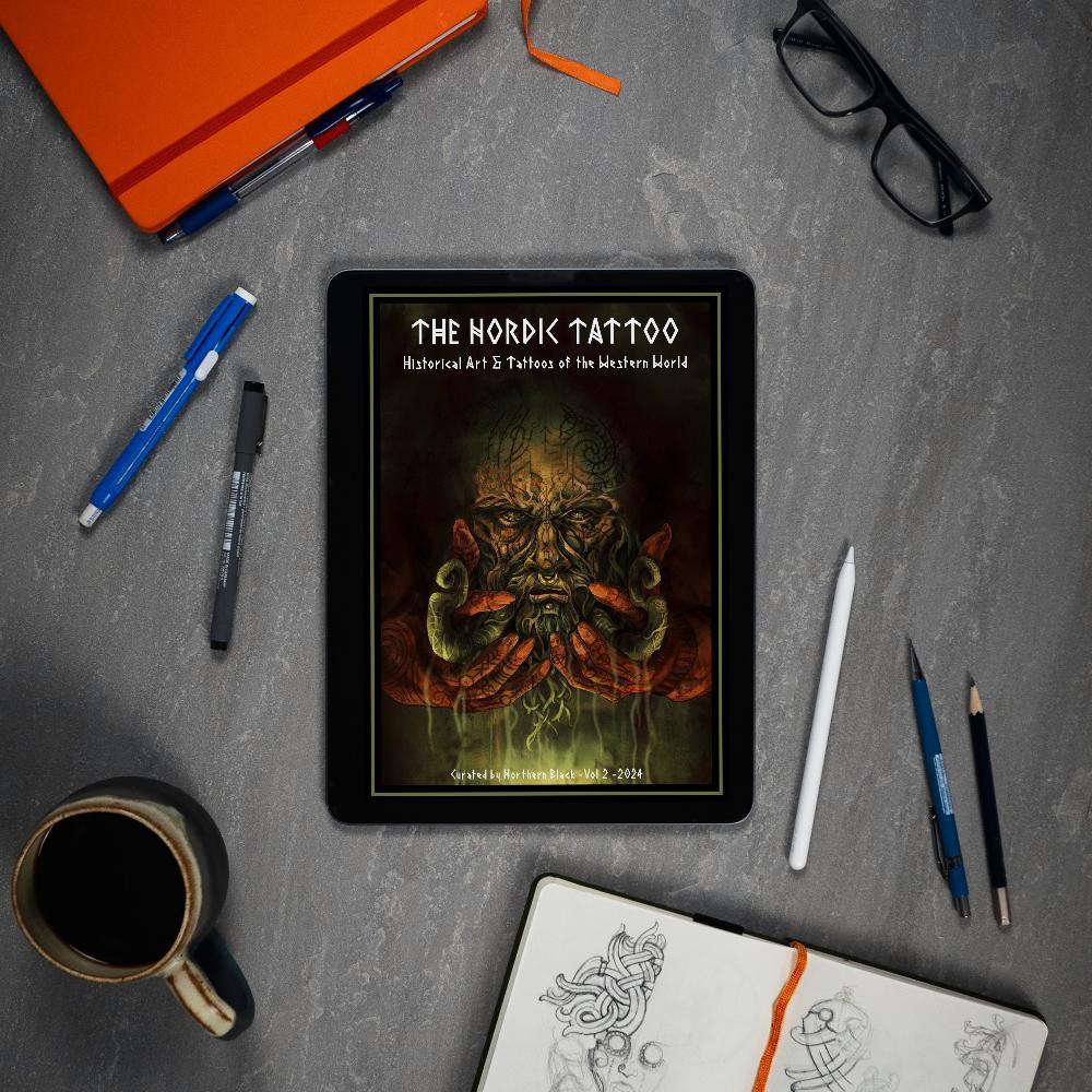 The Nordic Tattoo art book on tablet, featuring Viking designs and Norse-inspired artwork for tattooists.