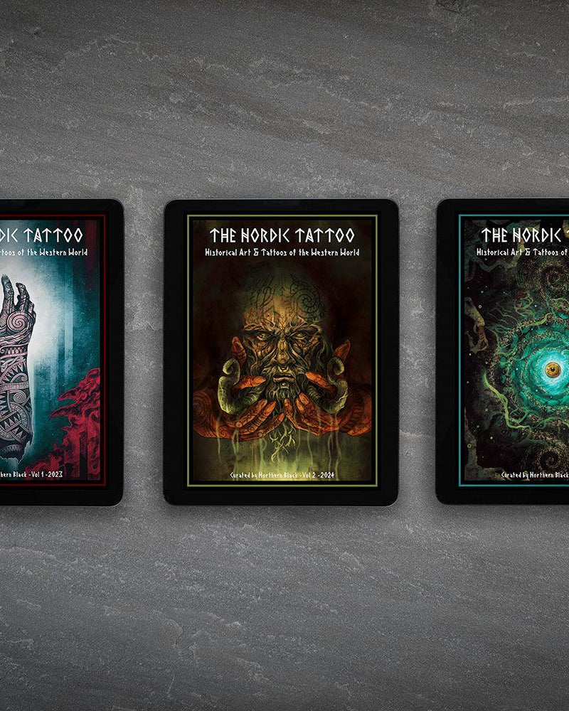 The Nordik Tattoo art books: Vol 1-3, featuring Norse-inspired designs, runes, and Viking tattoo art.