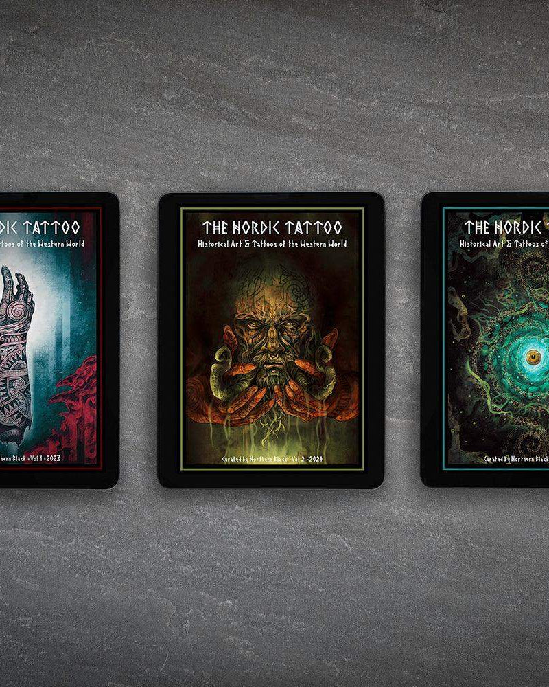 The Nordik Tattoo art books: Vol 1-3, featuring Norse-inspired designs, runes, and Viking tattoo art.