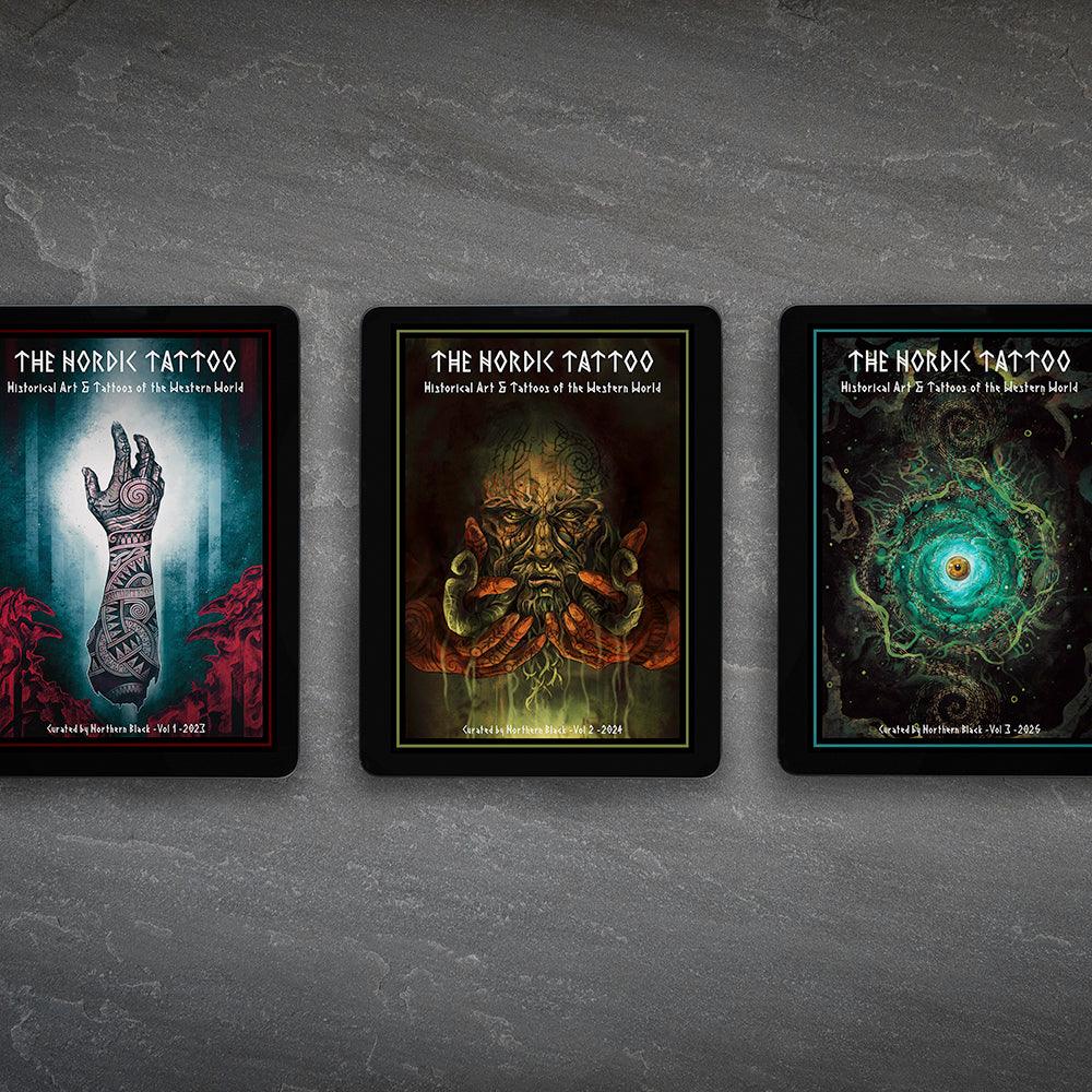 The Nordik Tattoo art books: Vol 1-3, featuring Norse-inspired designs, runes, and Viking tattoo art.