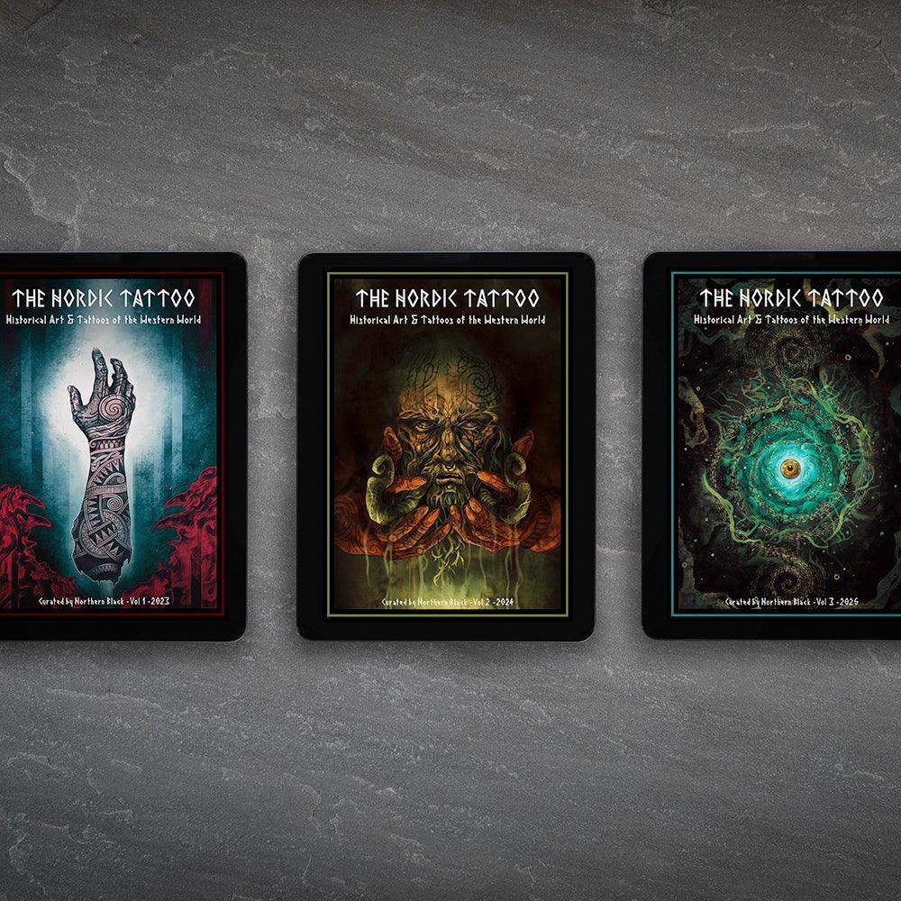 The Nordik Tattoo art books: Vol 1-3, featuring Norse-inspired designs, runes, and Viking tattoo art.