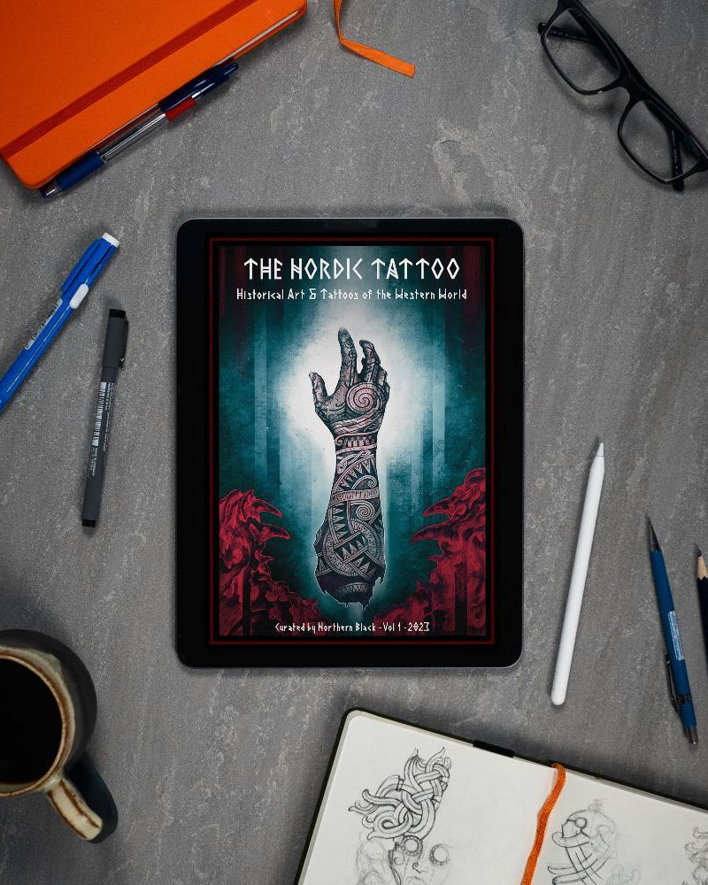 The Nordic Tattoo digital art book on tablet, featuring Viking-inspired designs, runes, and Norse tattoo art.