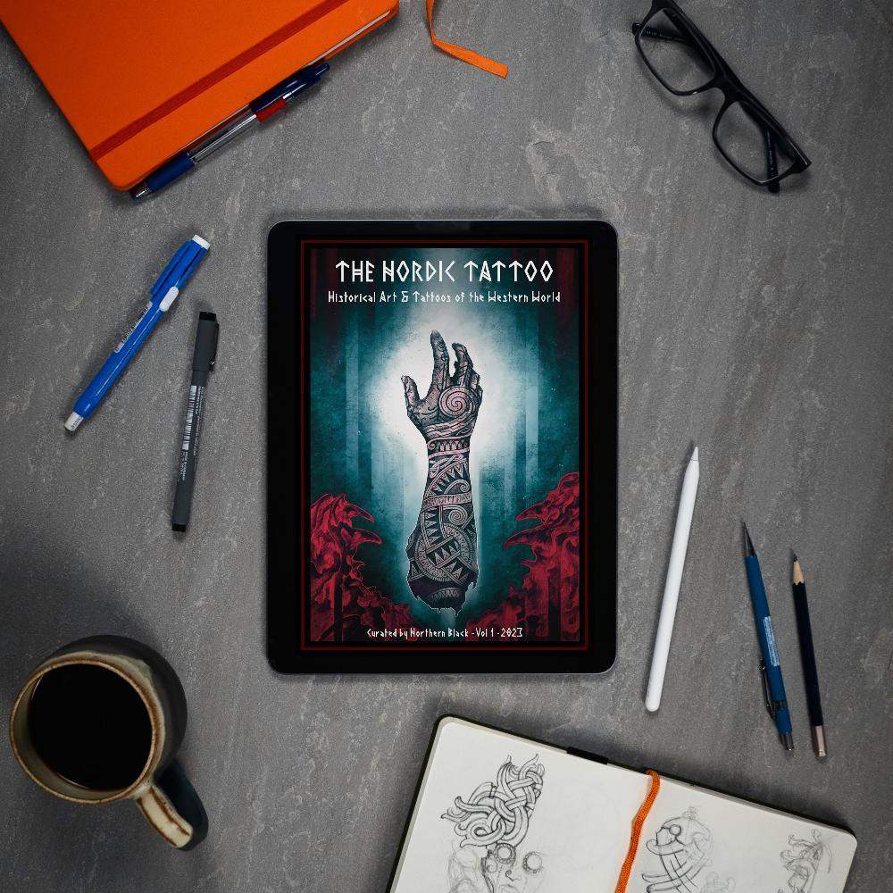 The Nordic Tattoo digital art book on tablet, featuring Viking-inspired designs, runes, and Norse tattoo art.
