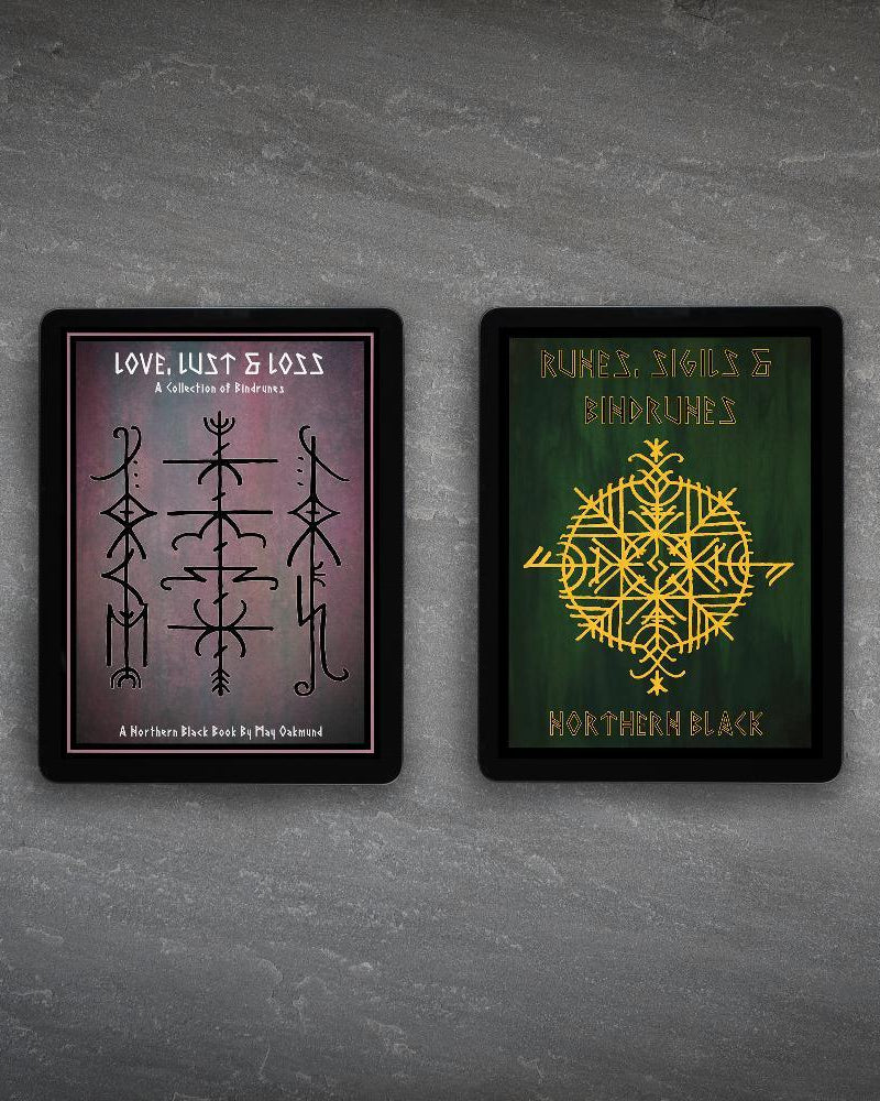 Norse rune art books featuring bindrunes and sigils, inspired by Viking tattoo designs and Norse mythology