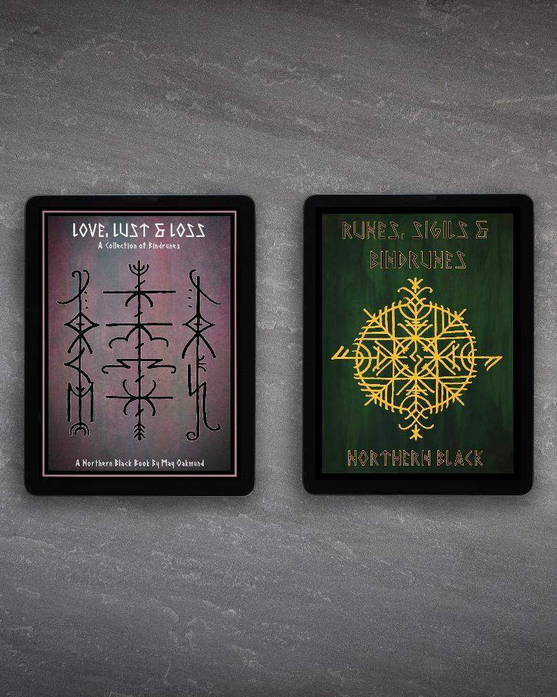 Norse rune art books featuring bindrunes and sigils, inspired by Viking tattoo designs and Norse mythology