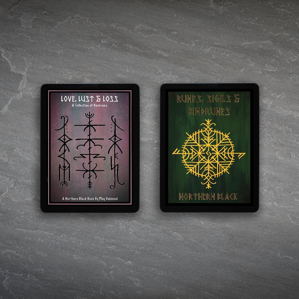 Norse rune art books featuring bindrunes and sigils, inspired by Viking tattoo designs and Norse mythology