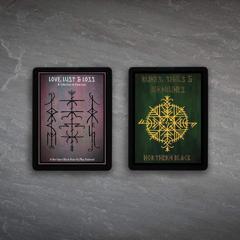 Norse rune art books featuring bindrunes and sigils, inspired by Viking tattoo designs and Norse mythology