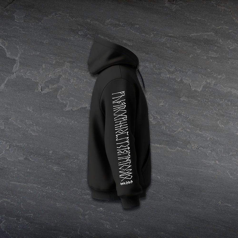Black hoodie with white Norse runes on sleeve, styled for Viking-inspired apparel