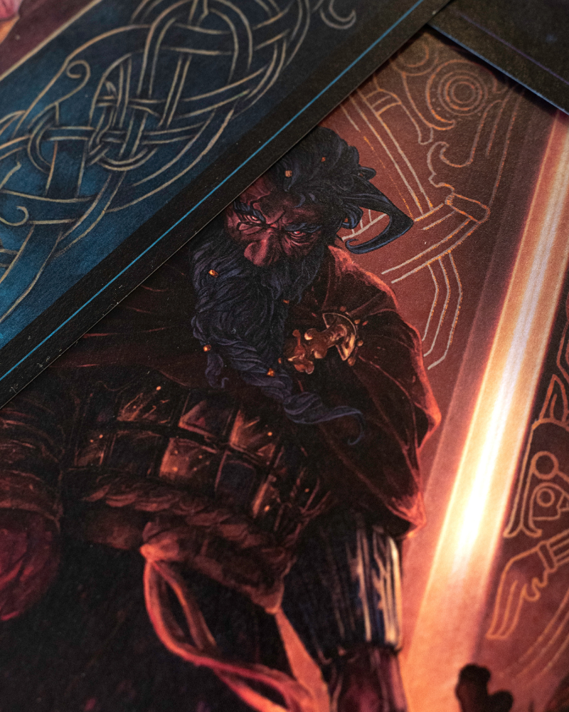 Tyr, norse god with right hand cut off and a dagger in the left hand, walking towards the viewer. Around him and on the floor are swords jammed into the ground.