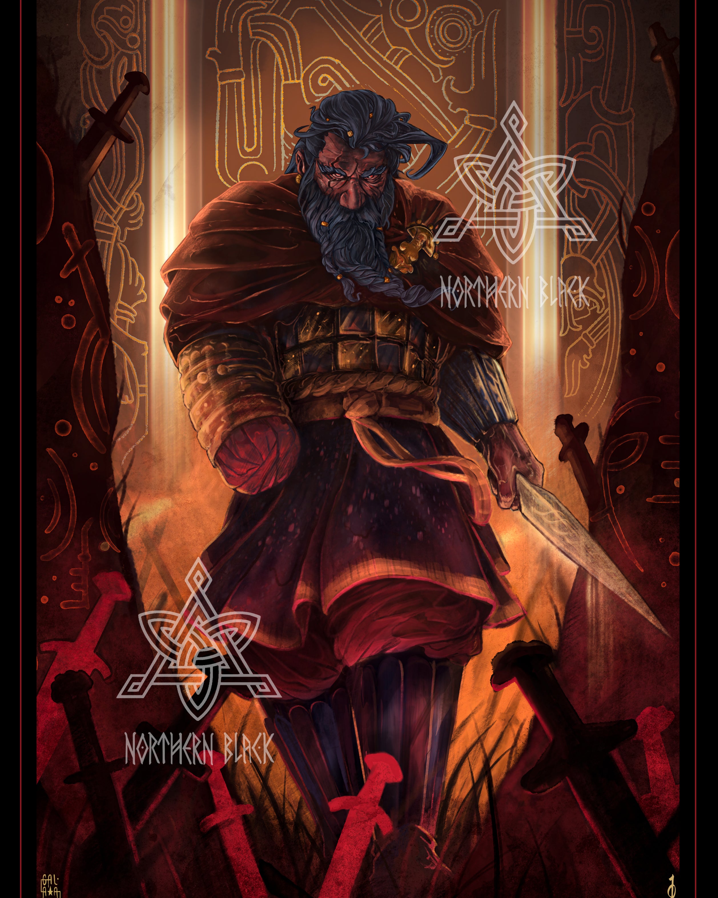 Tyr, norse god with right hand cut off and a dagger in the left hand, walking towards the viewer. Around him and on the floor are swords jammed into the ground.