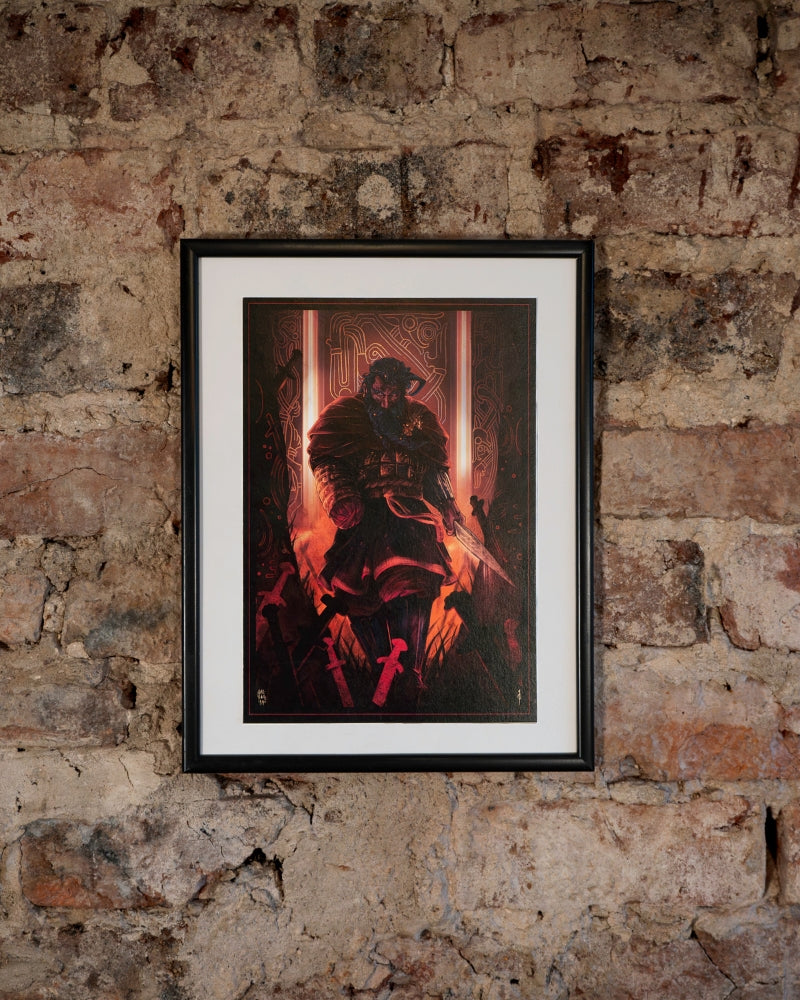Print of Tyr on the wall, the image is Tyr, norse god with right hand cut off and a dagger in the left hand, walking towards the viewer. Around him and on the floor are swords jammed into the ground.