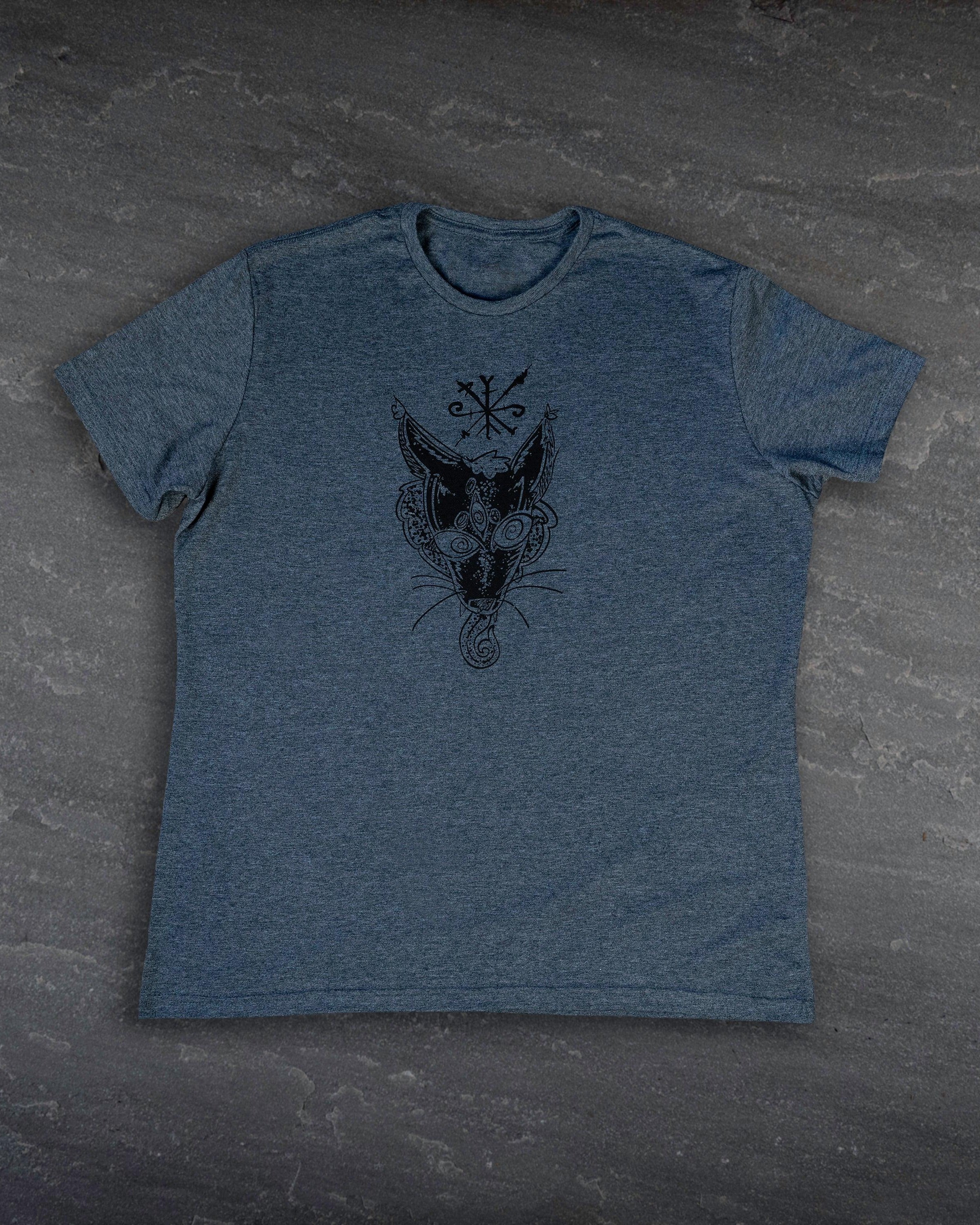 Norse-inspired t-shirt with Viking wolf head and runic symbol design on heather blue fabric