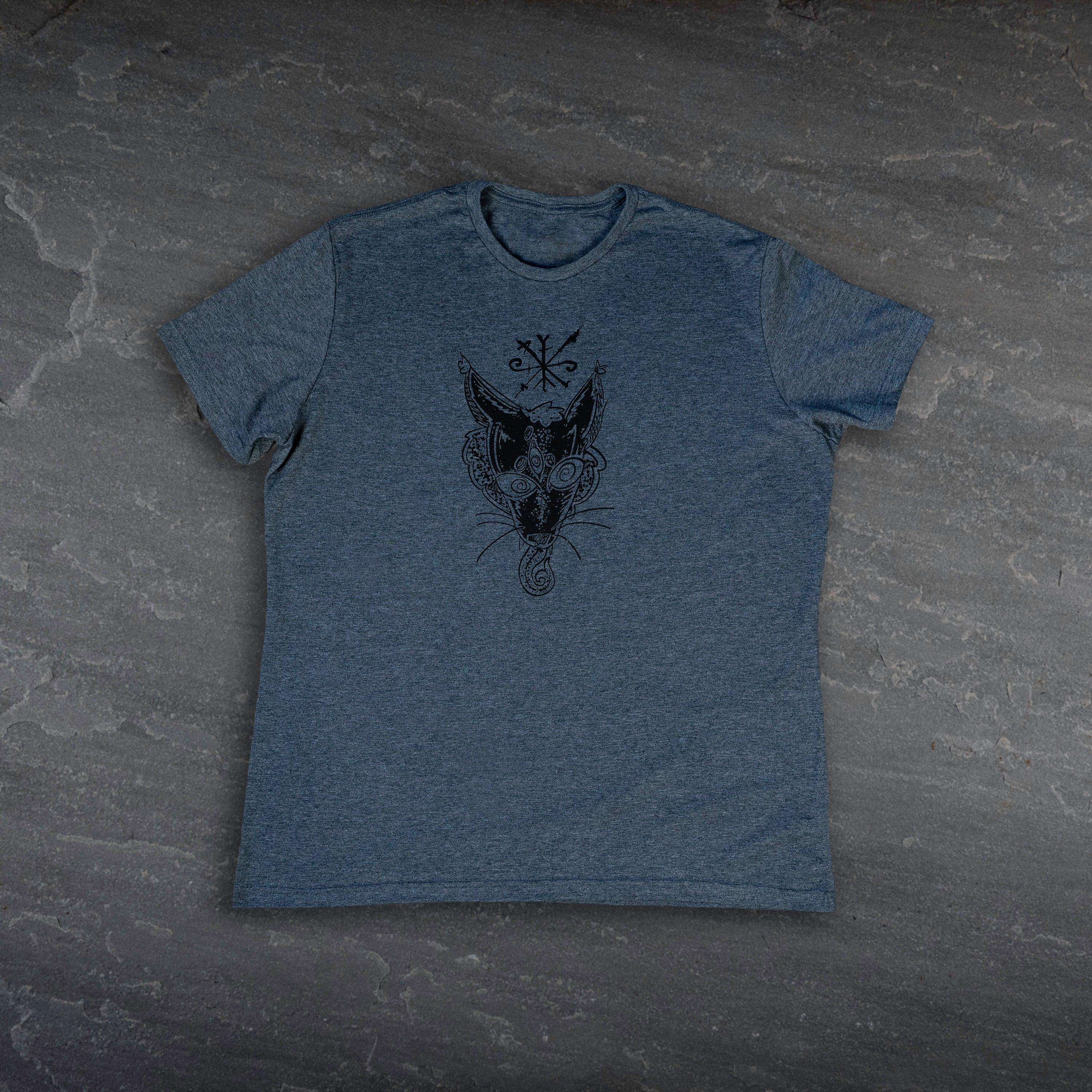 Norse-inspired t-shirt with Viking wolf head and runic symbol design on heather blue fabric