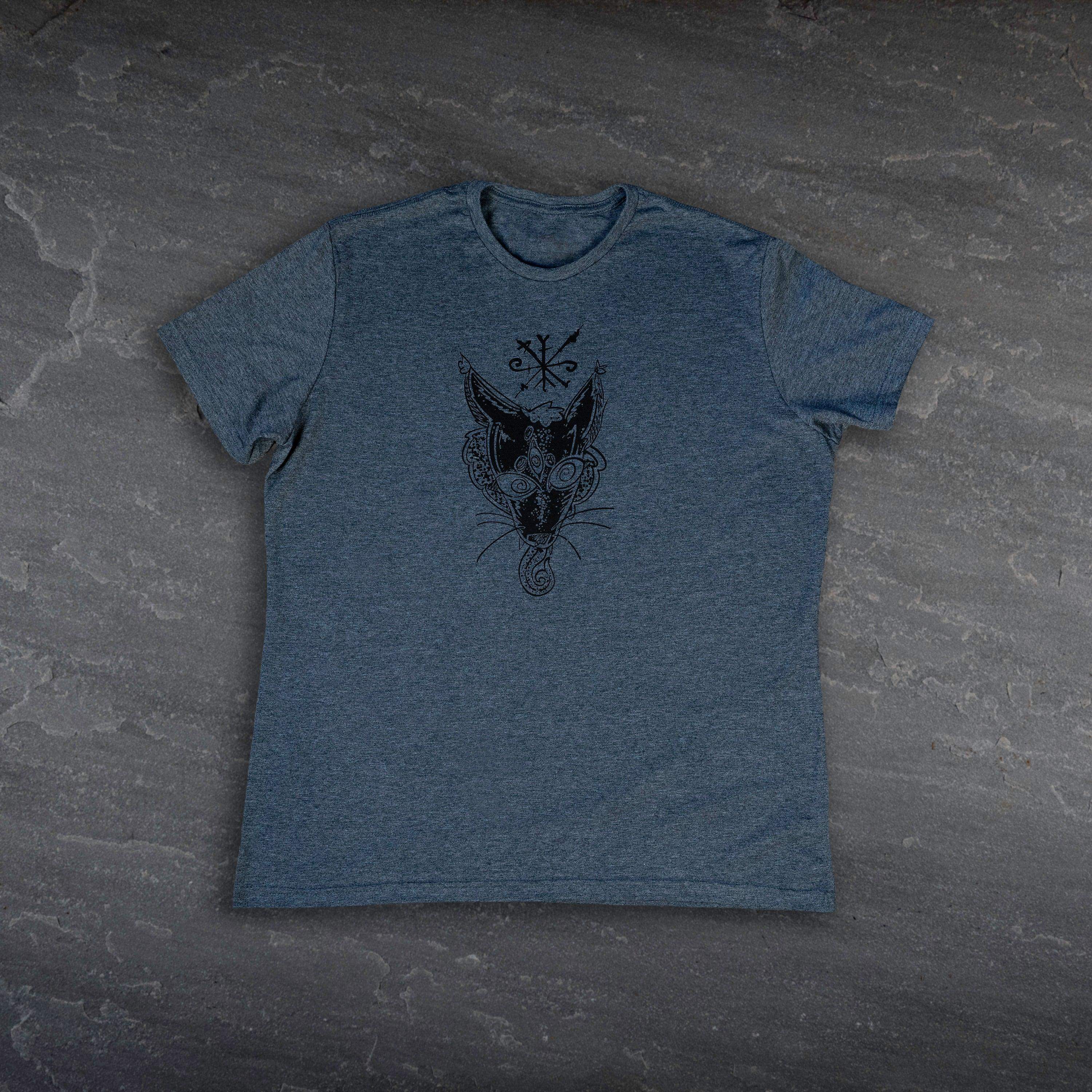 Norse-inspired t-shirt with Viking wolf head and runic symbol design on heather blue fabric