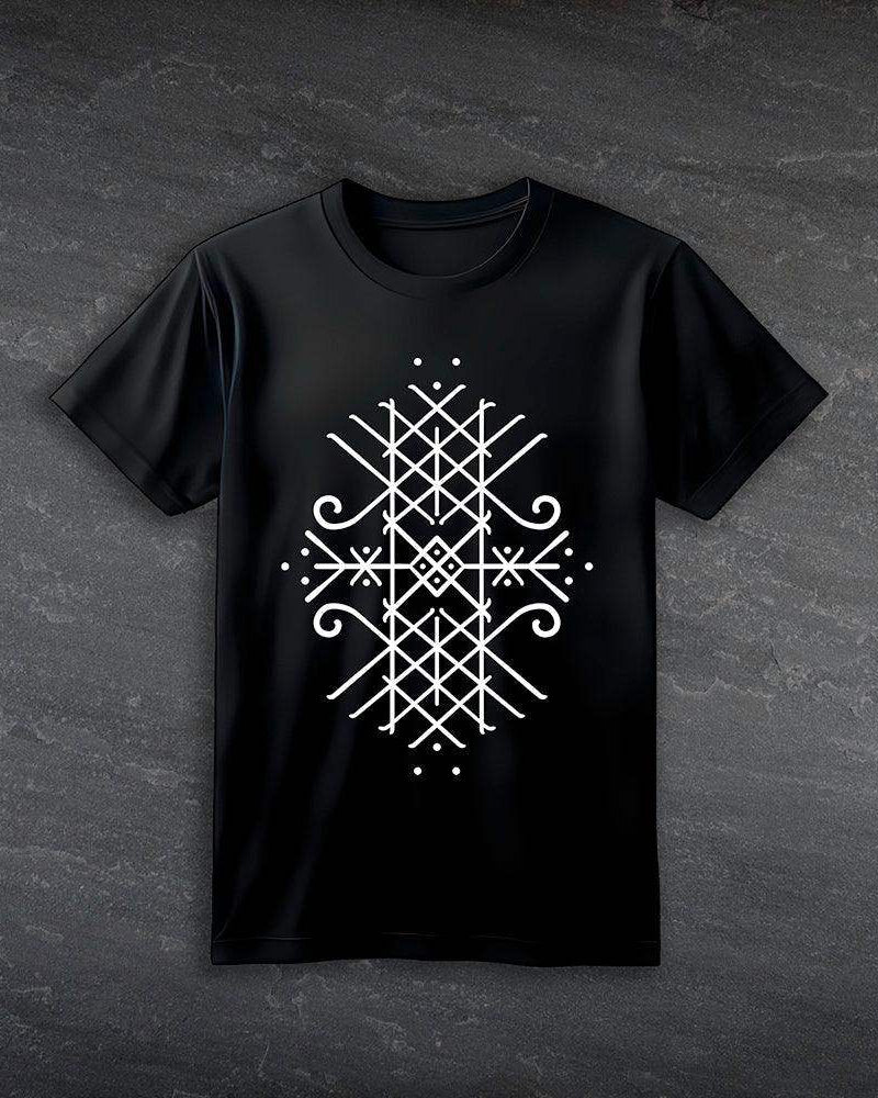 Black t-shirt with white Norse-inspired geometric rune design on dark stone background