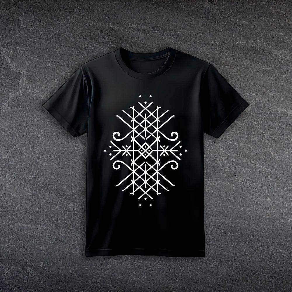 Black t-shirt with white Norse-inspired geometric rune design on dark stone background