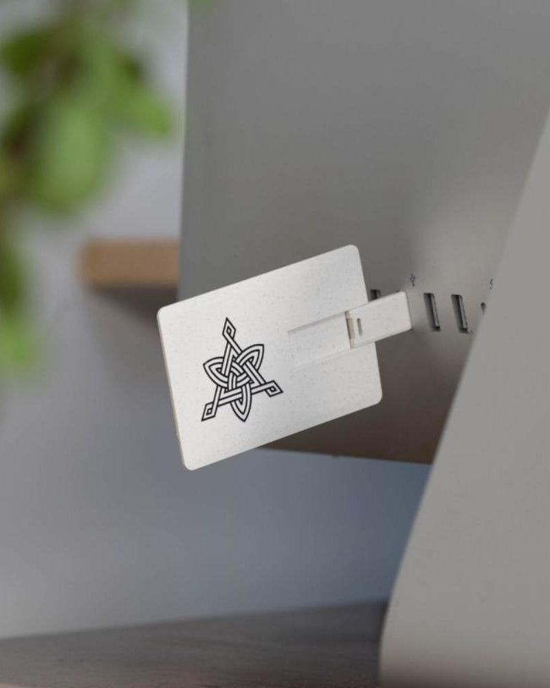 Norse-inspired USB drive with Viking knotwork design plugged into computer