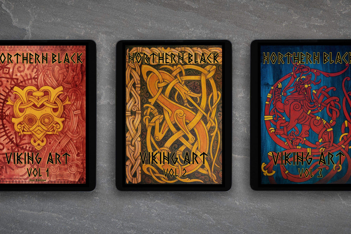 Northern Black Viking Art Volumes 1-3 digital art books with Norse knotwork designs on tablets