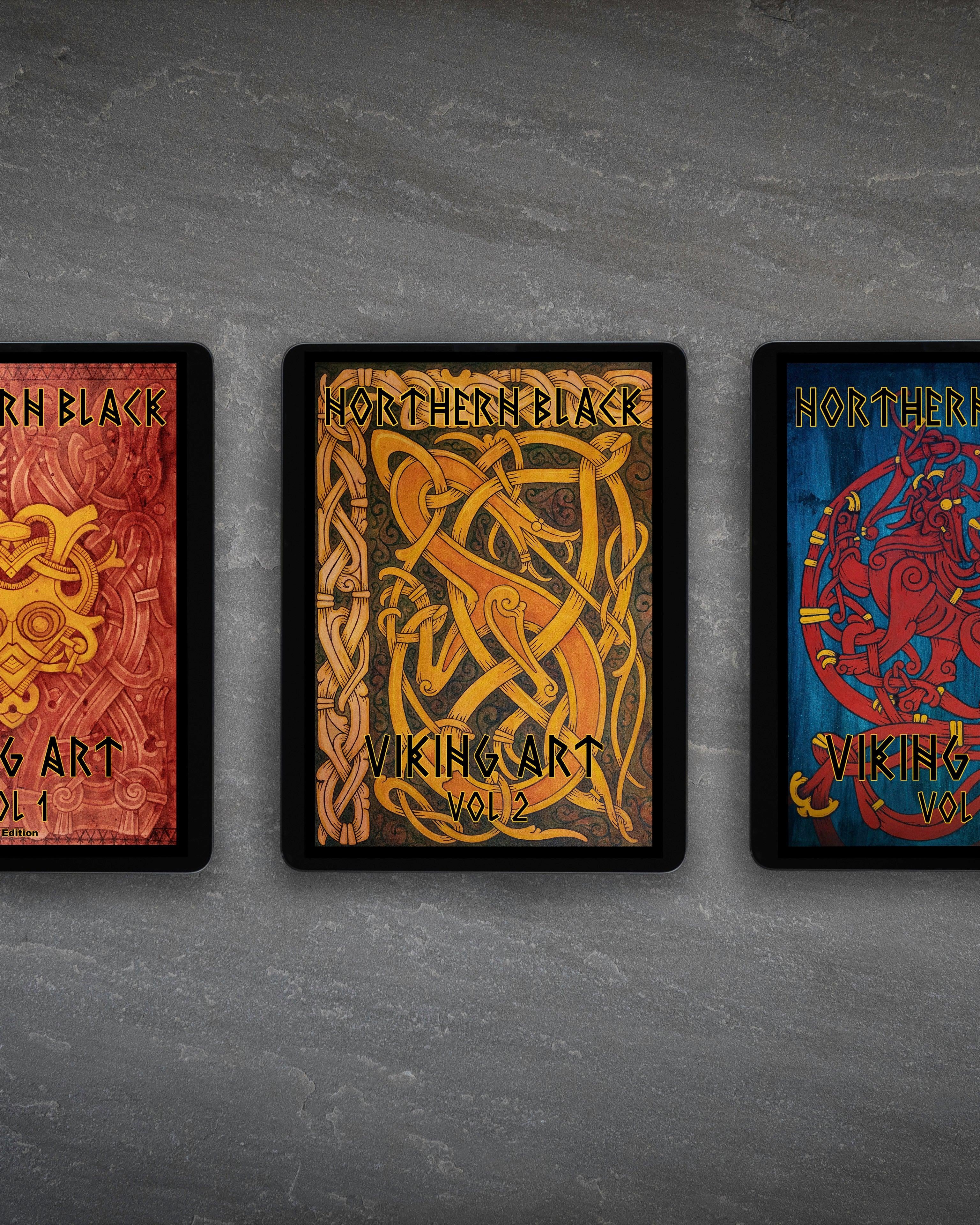 Northern Black Viking Art Volumes 1-3 digital art books with Norse knotwork designs on tablets