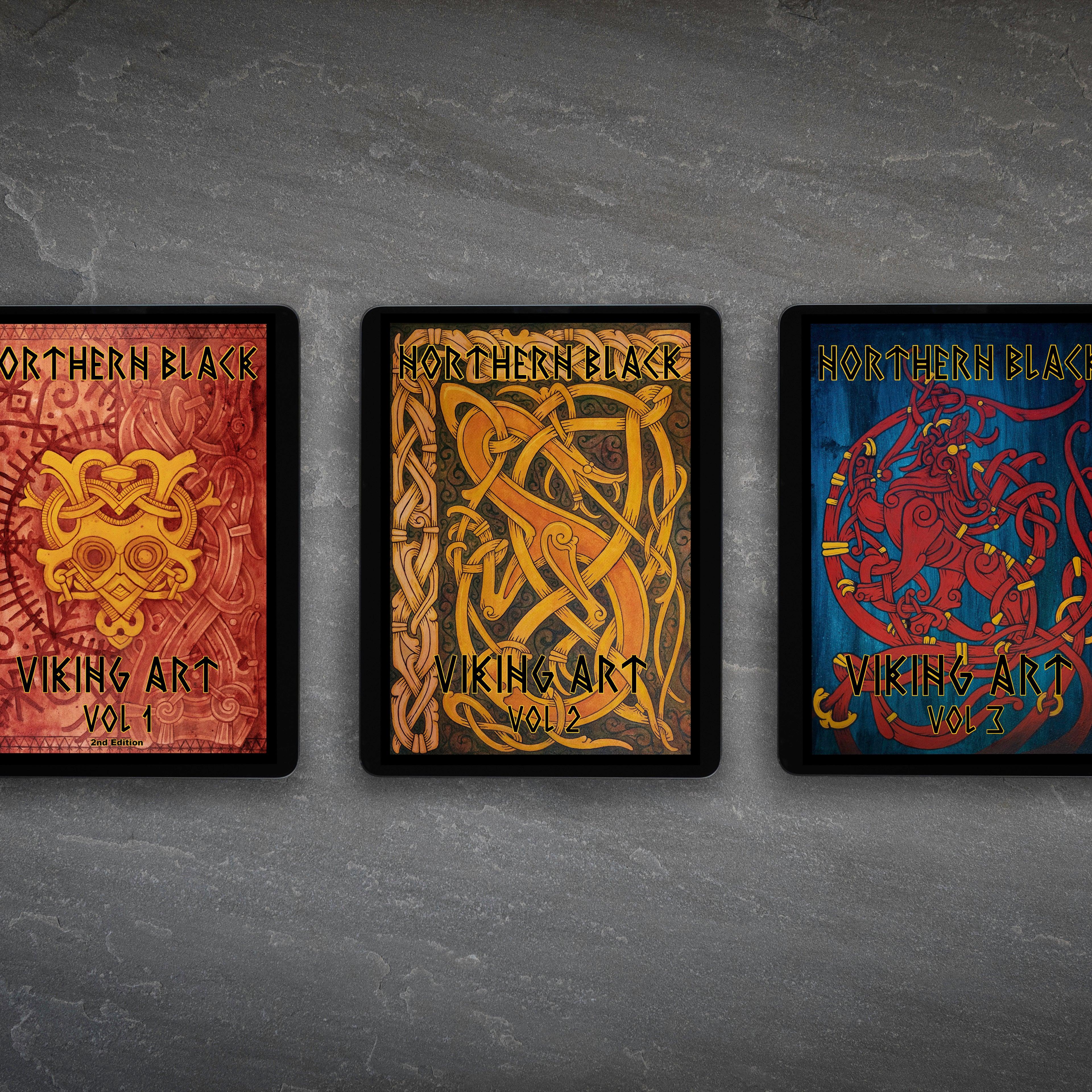 Northern Black Viking Art Volumes 1-3 digital art books with Norse knotwork designs on tablets