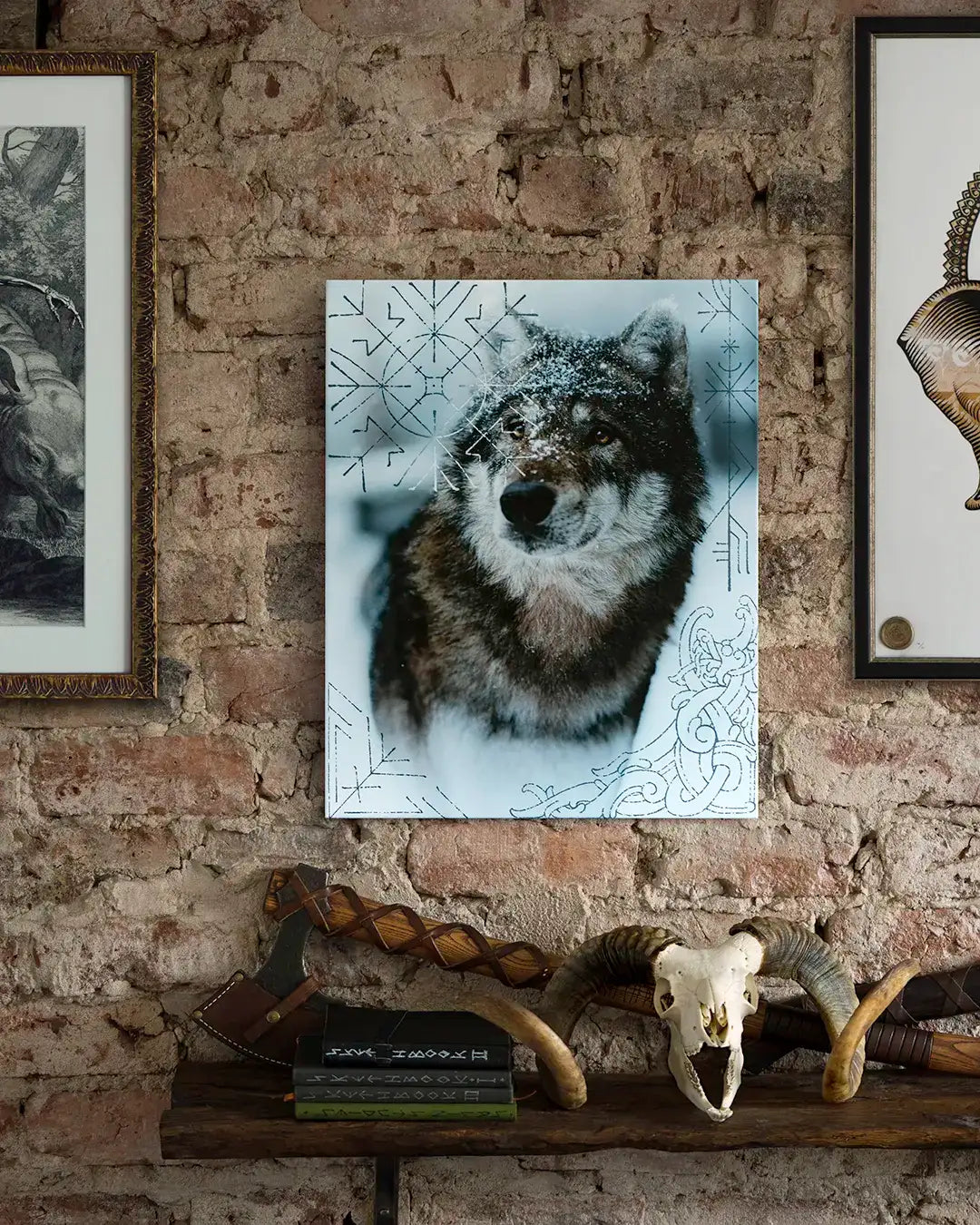 Viking wolf art print with Norse runes and snowflake designs, displayed on rustic brick wall