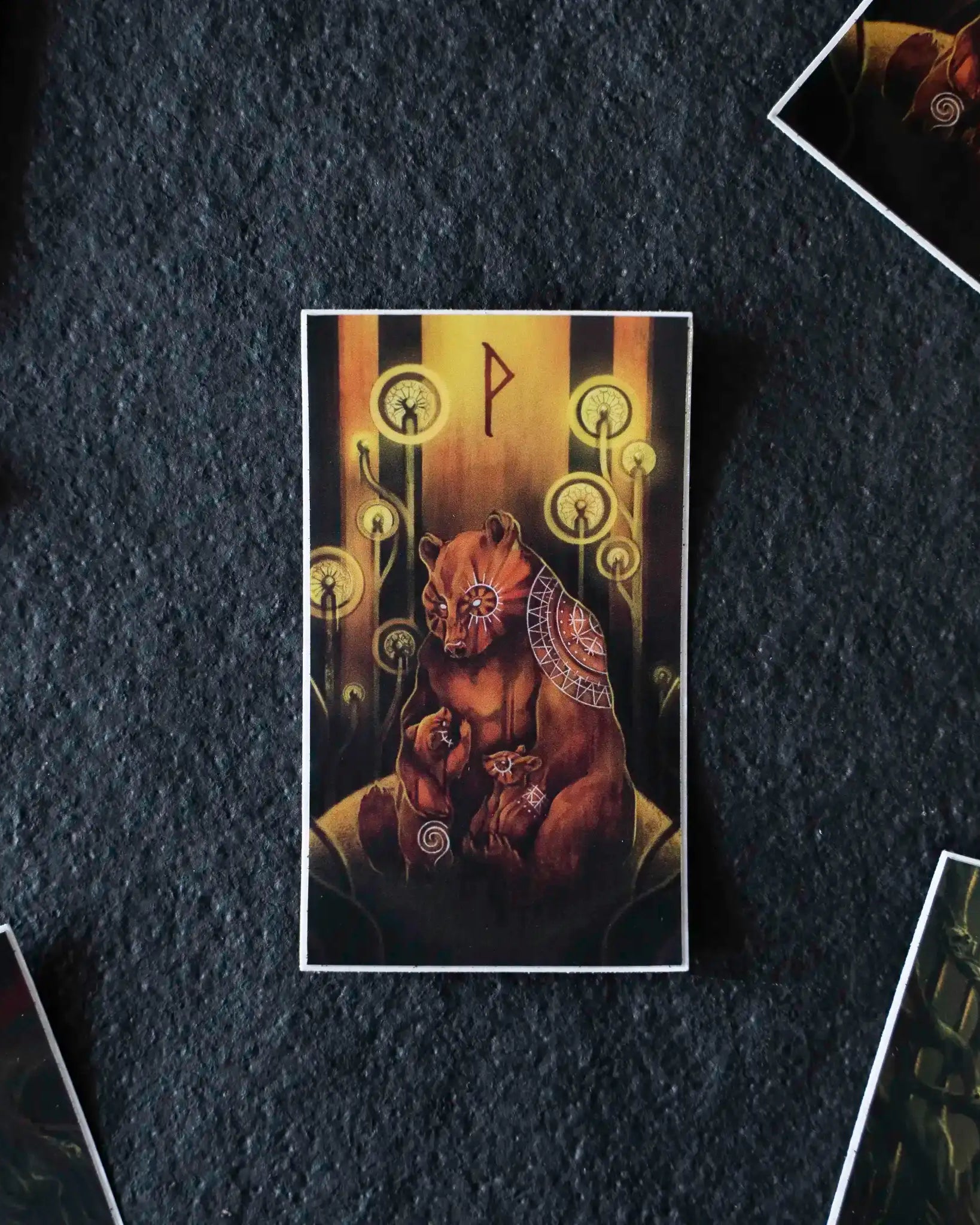 Norse bear with runes and Viking symbols on art card, inspired by authentic Norse mythology and artifacts