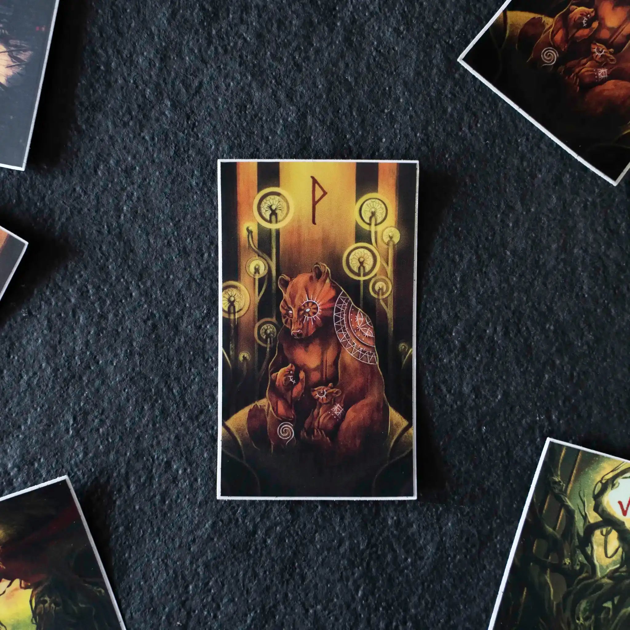 Norse bear with runes and Viking symbols on art card, inspired by authentic Norse mythology and artifacts