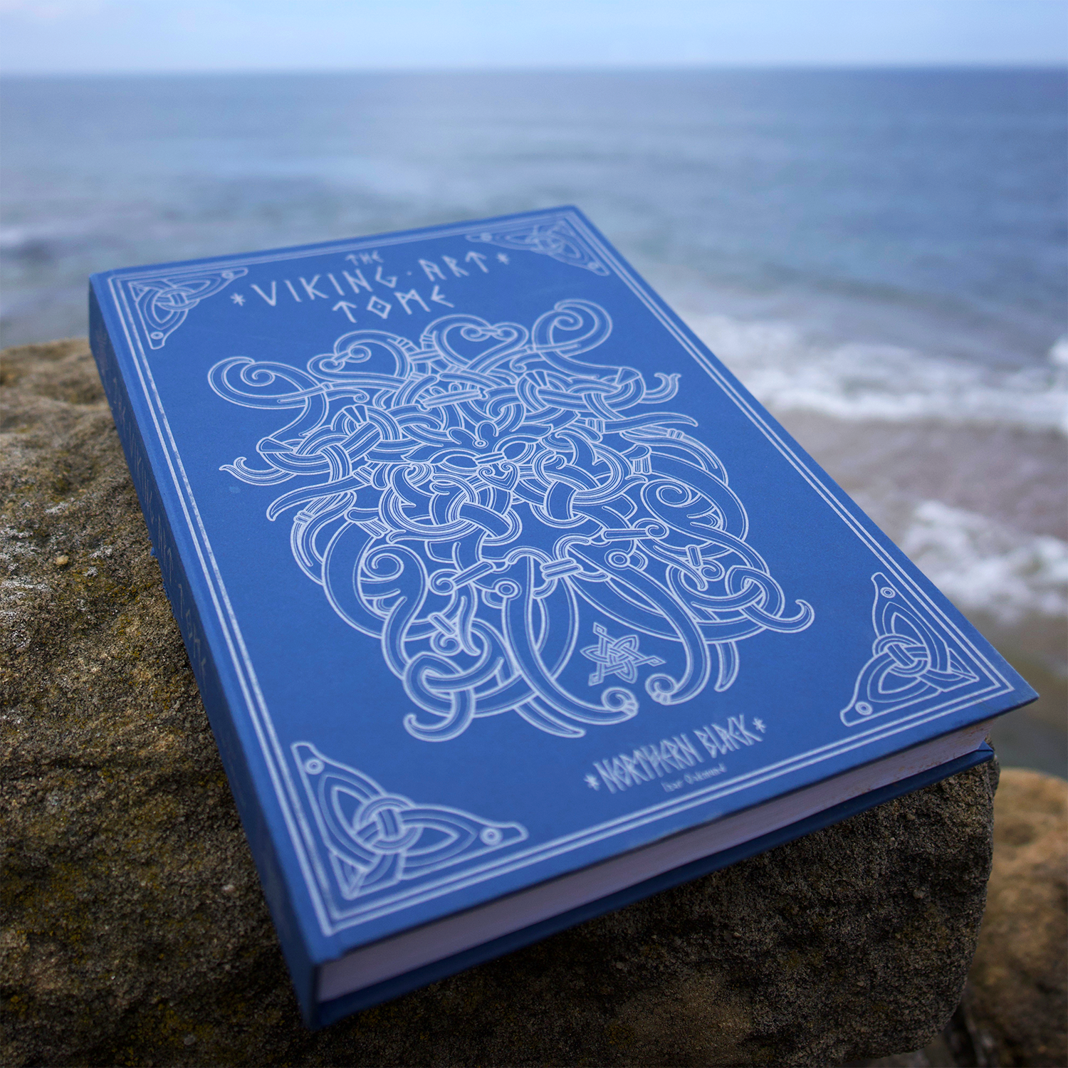 Blue book on a beach stone. Contains everything you need to know about Viking Art.