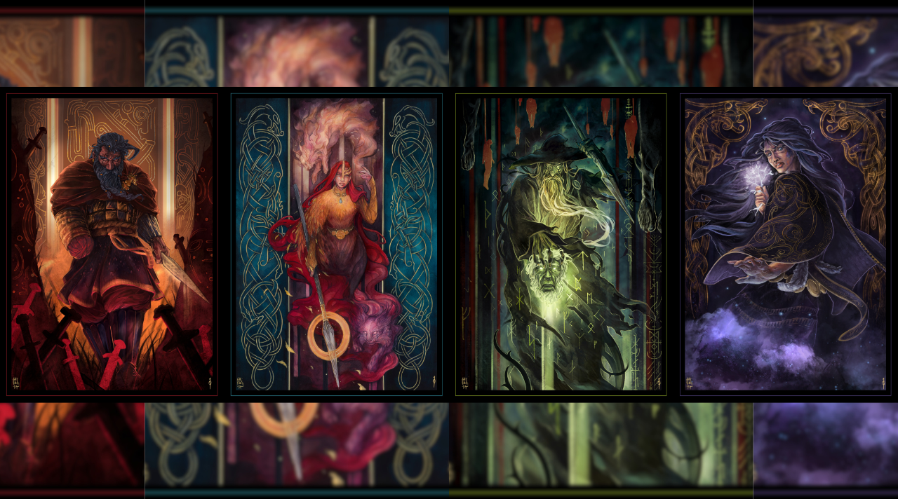 Fantasy tarot-style character artwork featuring a warrior, a fire mage, a rune sorcerer, and an enchantress casting magic