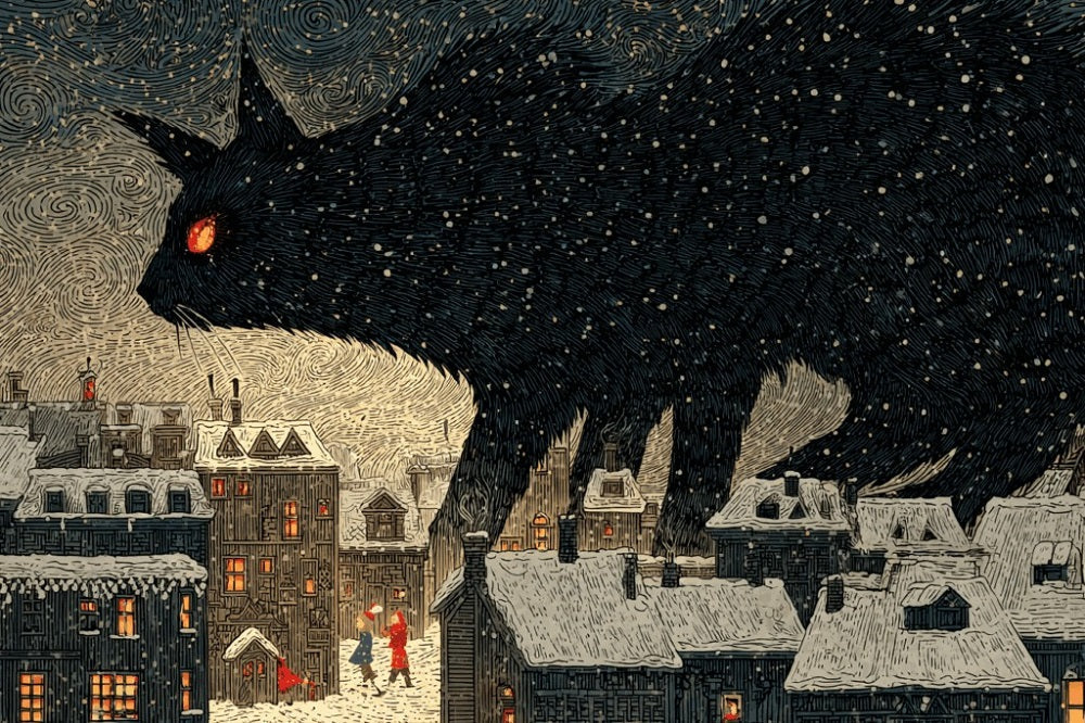 Illustration of a giant black wolf looming over a snowy village at night, Image courtesy of The Wicked Griffin