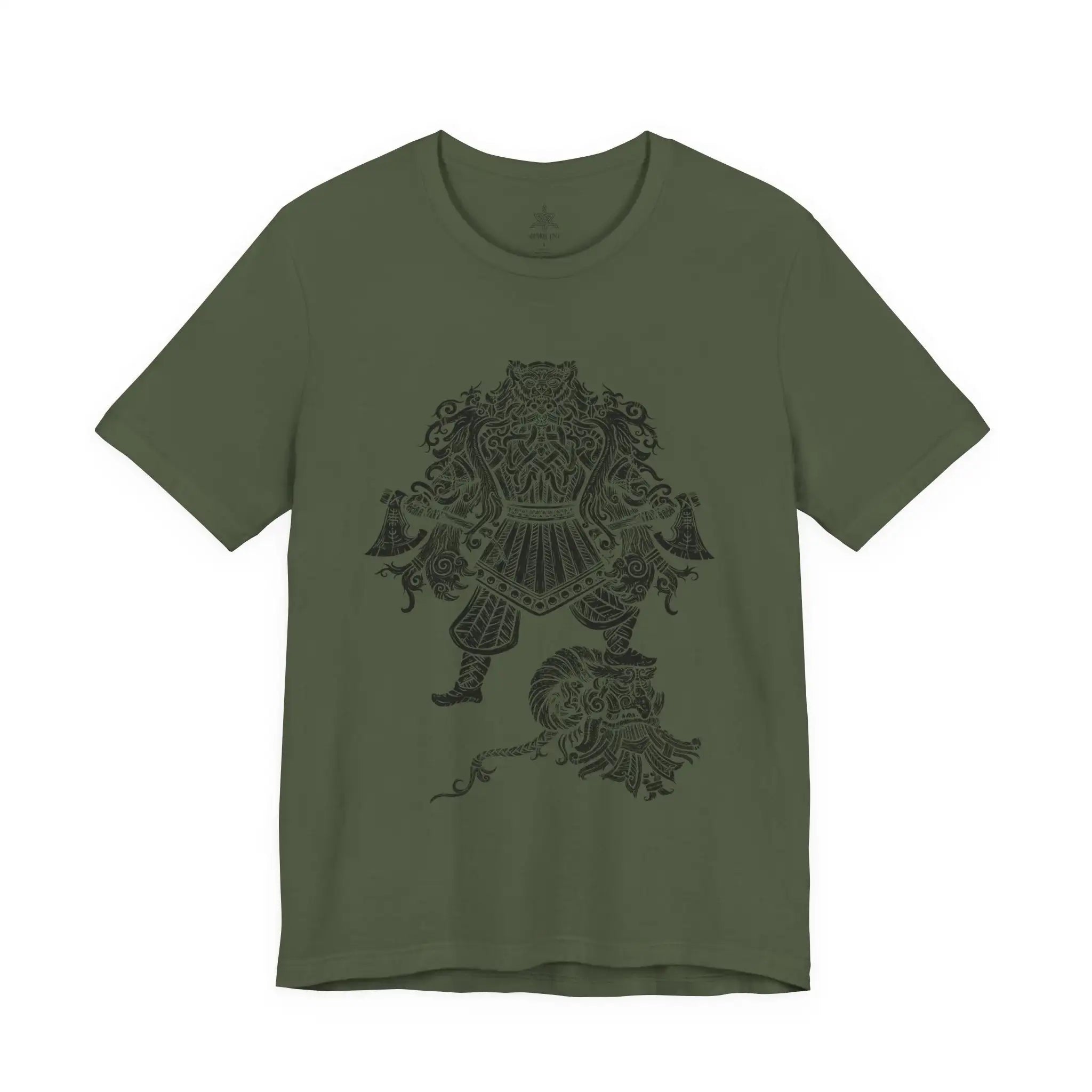 An olive green crewneck t-shirt featuring a dark charcoal graphic of a Viking Berserker on the front, displayed against a solid white background.
