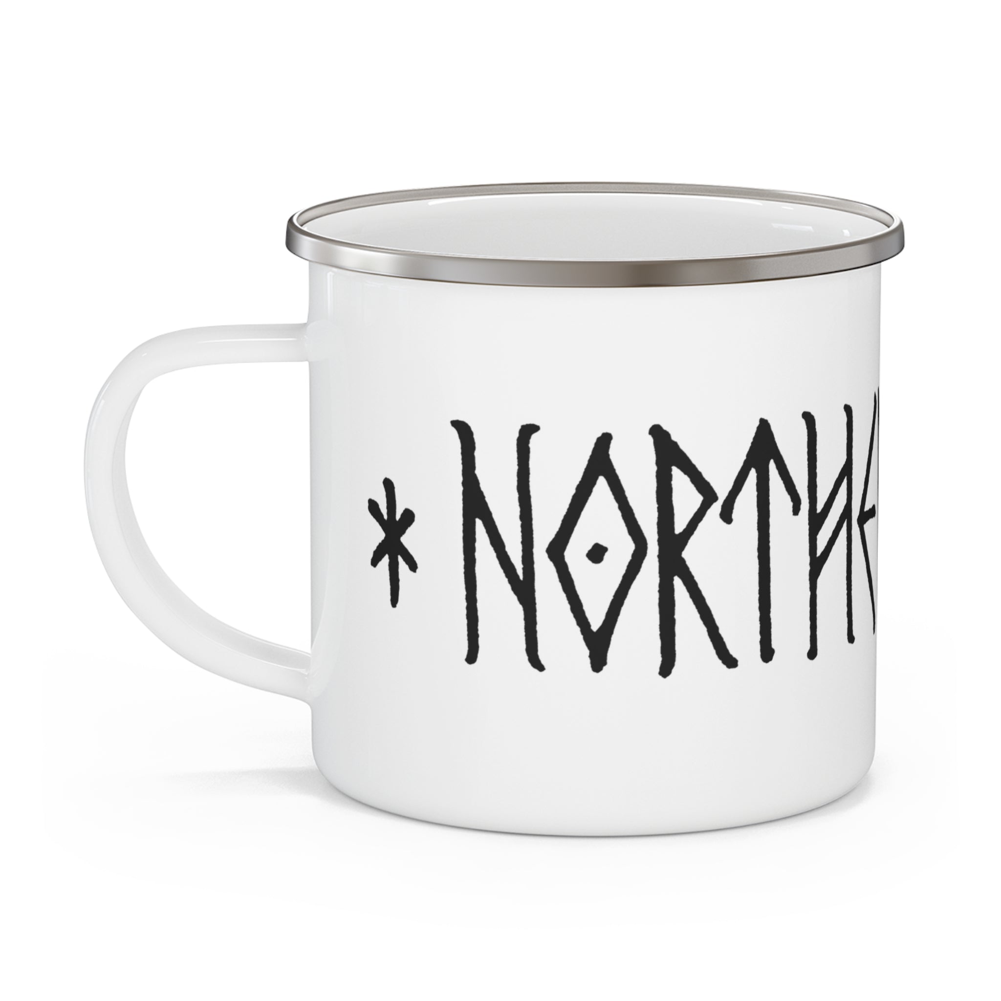 A white enamel camp mug with a silver metal rim and a black hand-drawn style graphic that reads '*NORTH' on the side, set against a plain white background.
