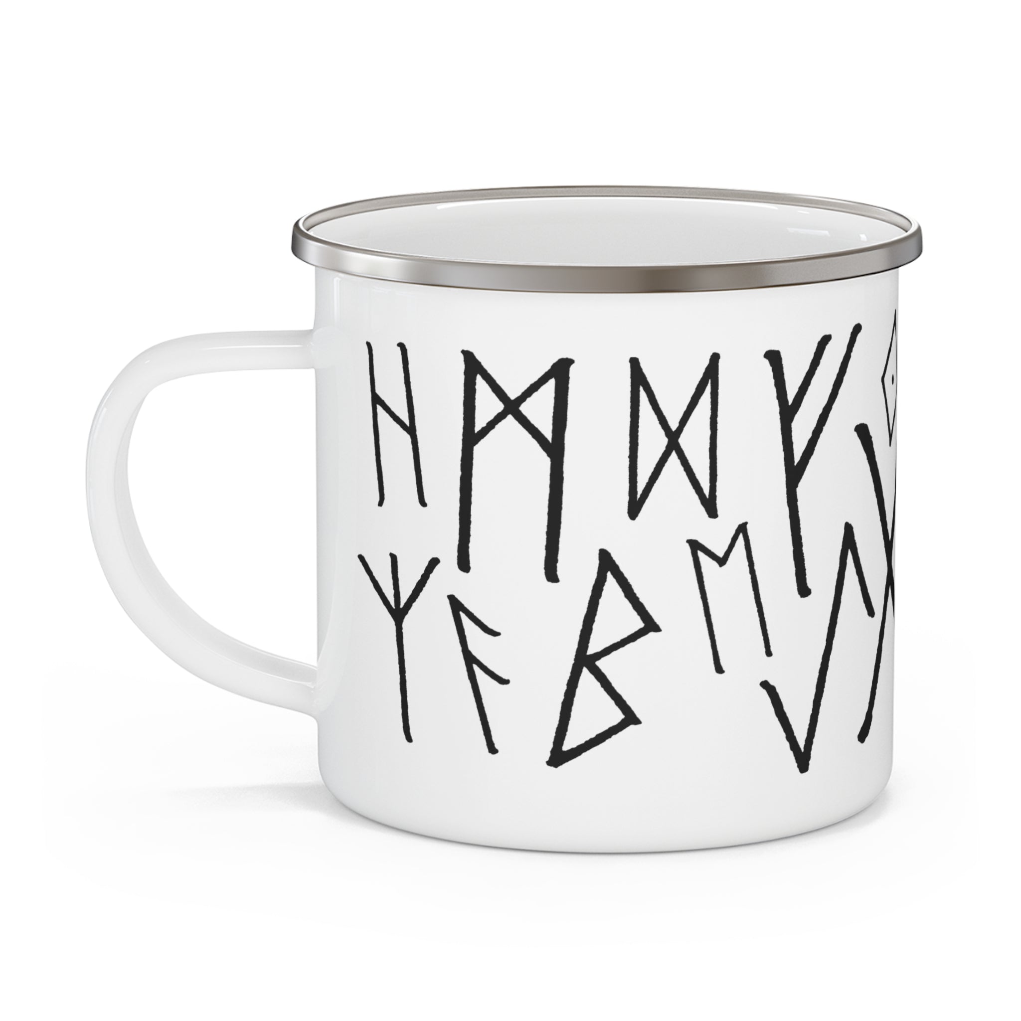 A white enamel camp-style mug with a silver metal rim and handle, featuring black hand-drawn rune-like lettering on the front, set against a plain white background.
