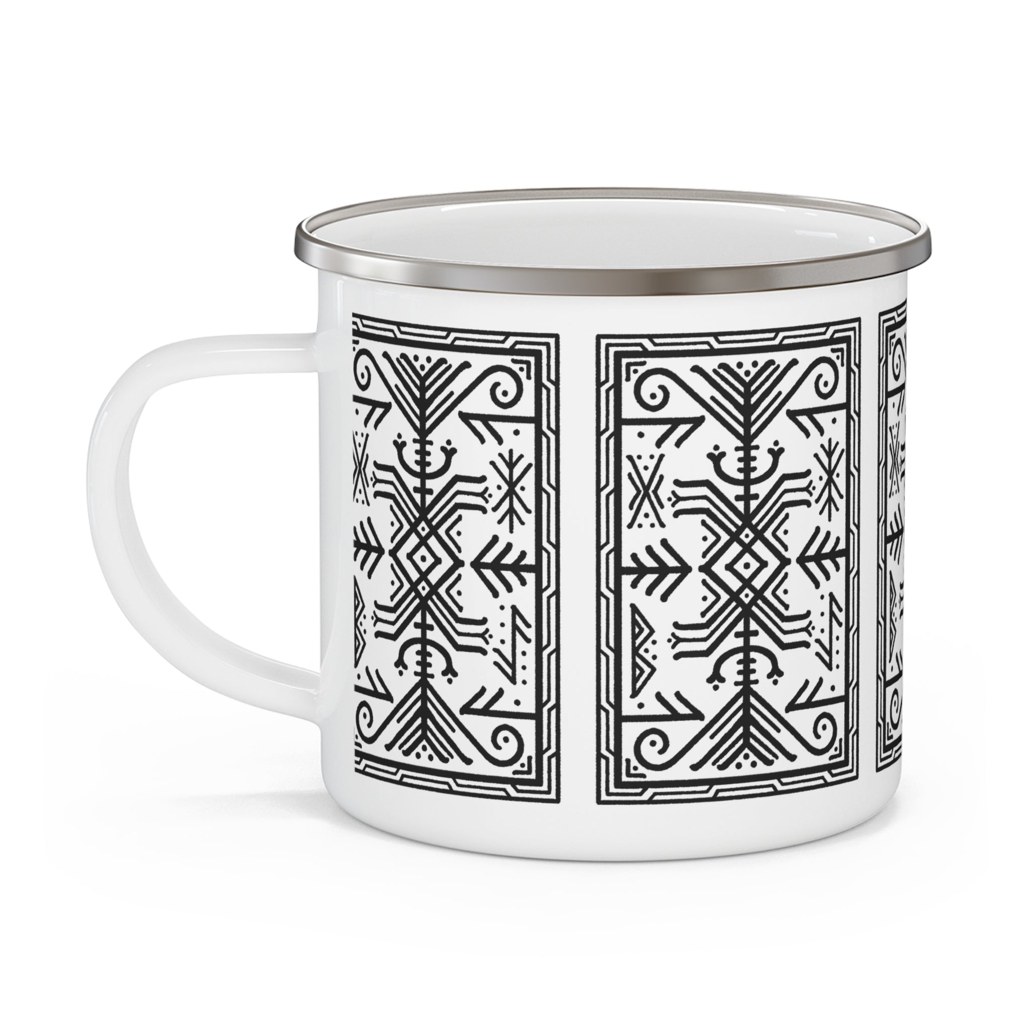A white enamel-style mug with a silver metal rim and a black geometric bindrune pattern printed on the side, shown on a clean white background.
