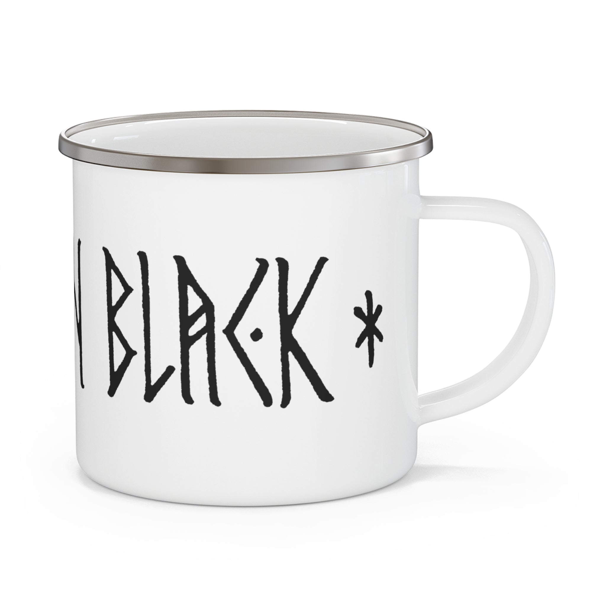 A white enamel camp mug with a silver metal rim, featuring the word 'BLACK' in a stylized black font with a star accent, on a clean white background.