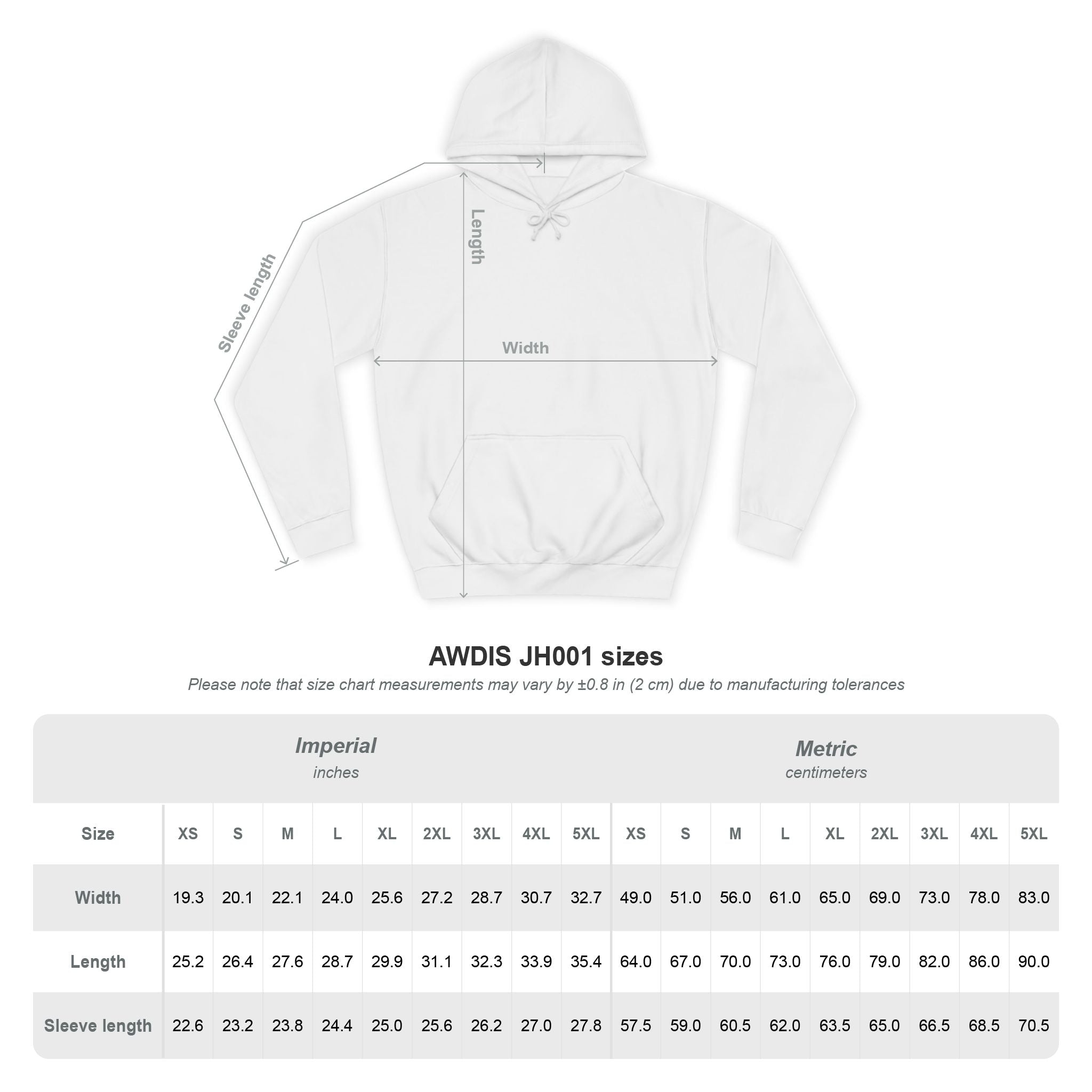 Size chart for the Yggdrasil pullover hoodie (AWDis JH001) showing width, length and sleeve measurements