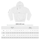 Size chart for the Yggdrasil pullover hoodie (AWDis JH001) showing width, length and sleeve measurements