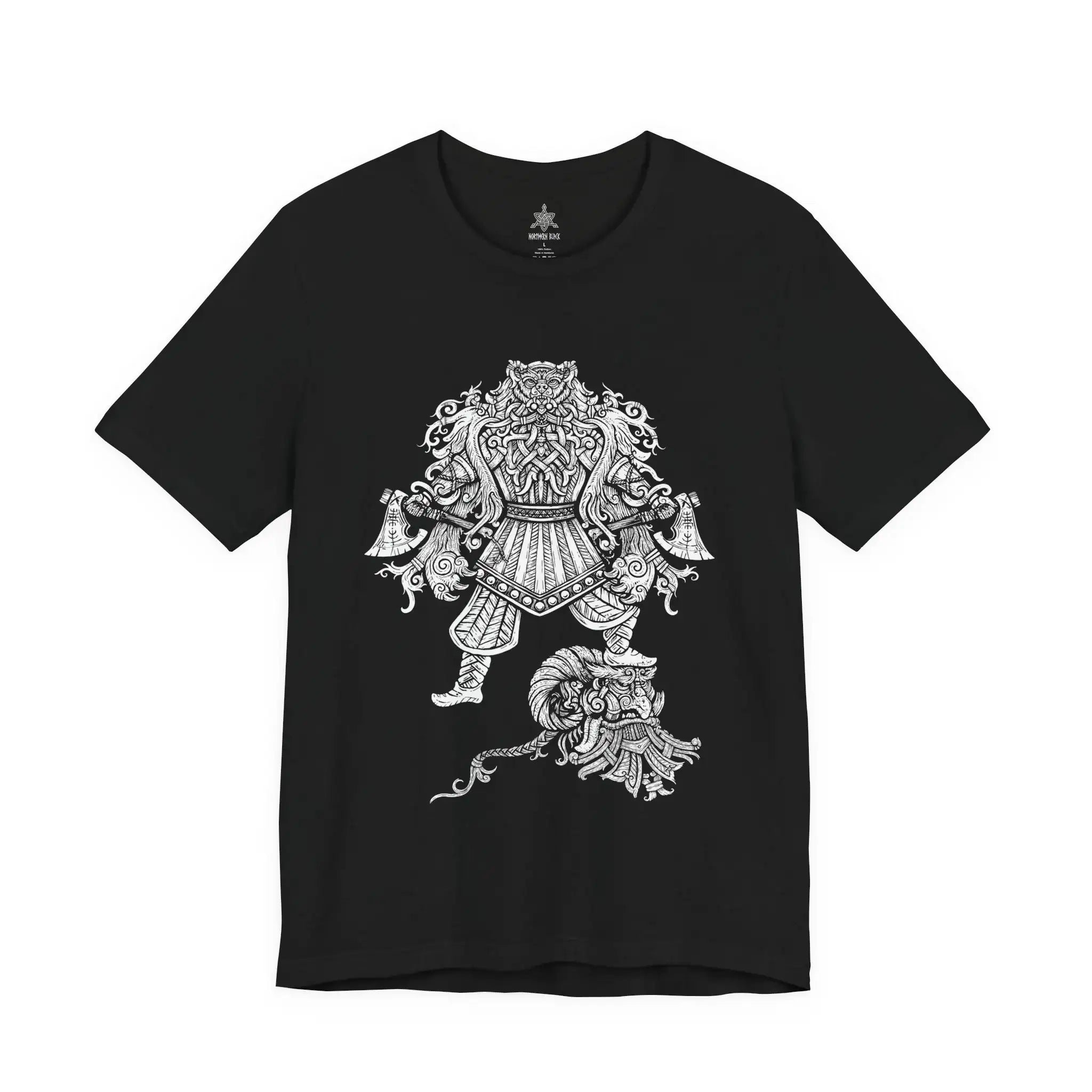 Black t-shirt with an Viking Berserker design on a white background