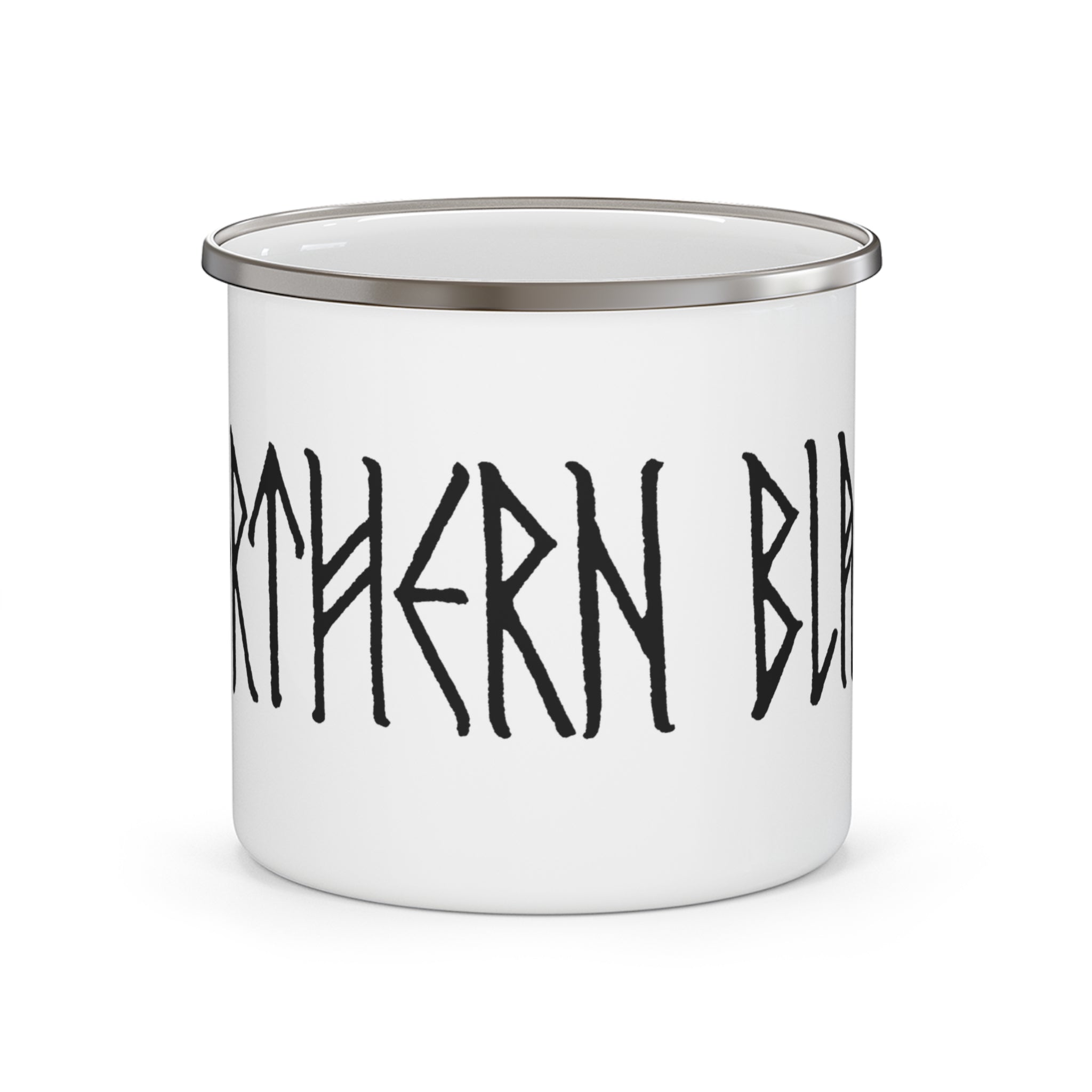 A white enamel camp mug with a silver metal rim, featuring the text 'NORTHERN BLACK'