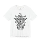 A white short-sleeve crewneck t-shirt featuring a large, detailed black Norse knotwork design printed on the front.