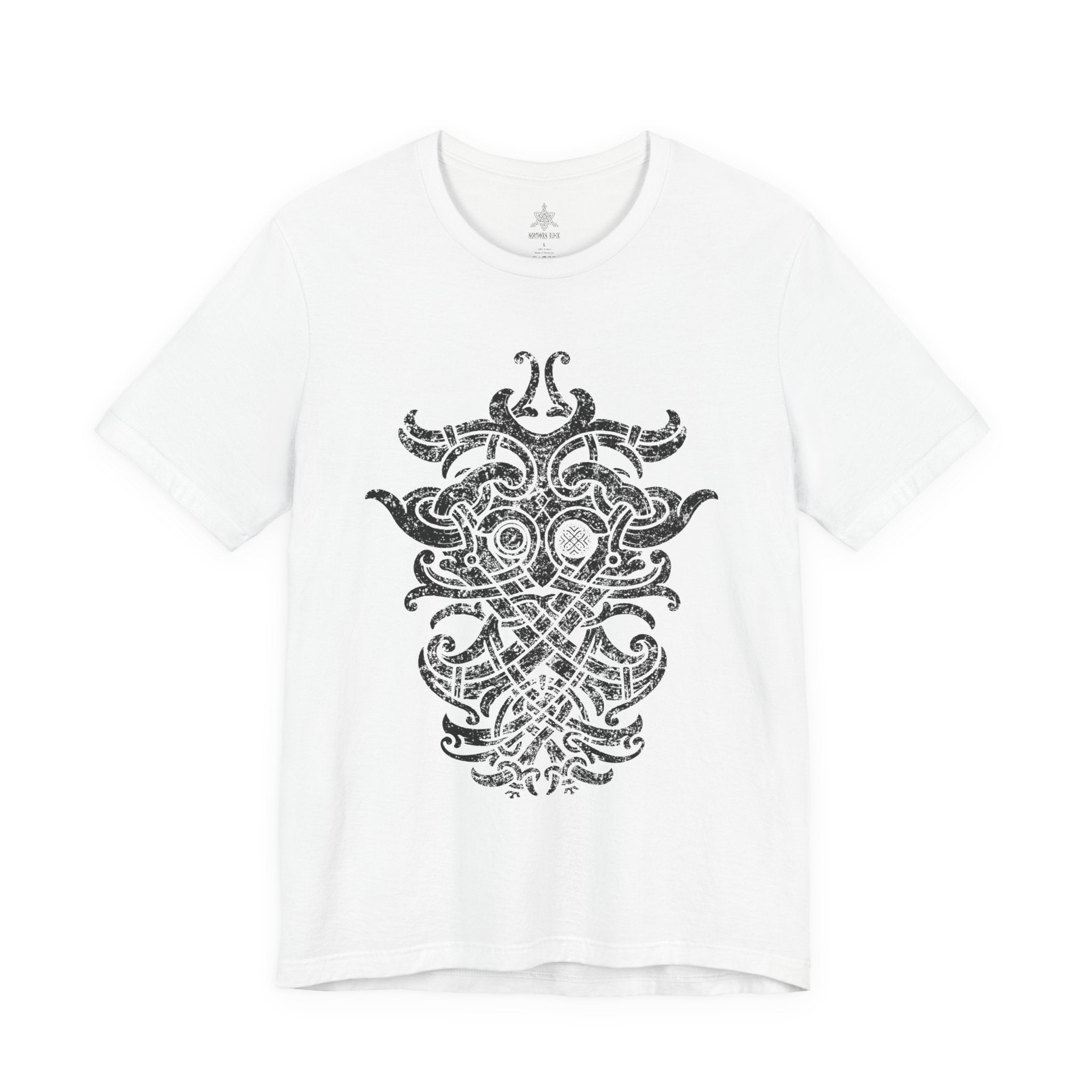 A white short-sleeve crewneck t-shirt featuring a large, detailed black Norse knotwork design printed on the front.