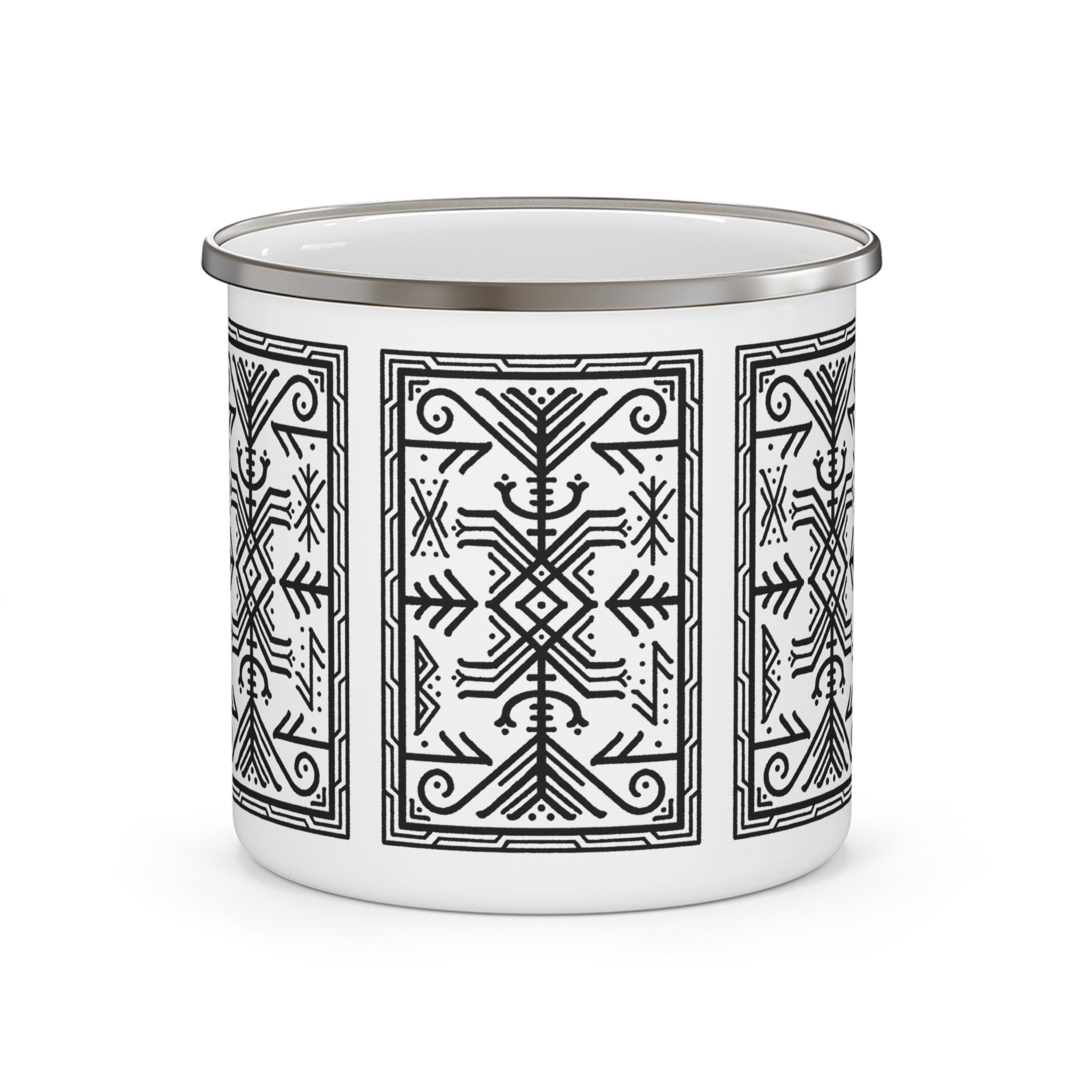 A white enamel camp mug with a silver metal rim, decorated with a black geometric bindrune pattern, shown on a plain white background.