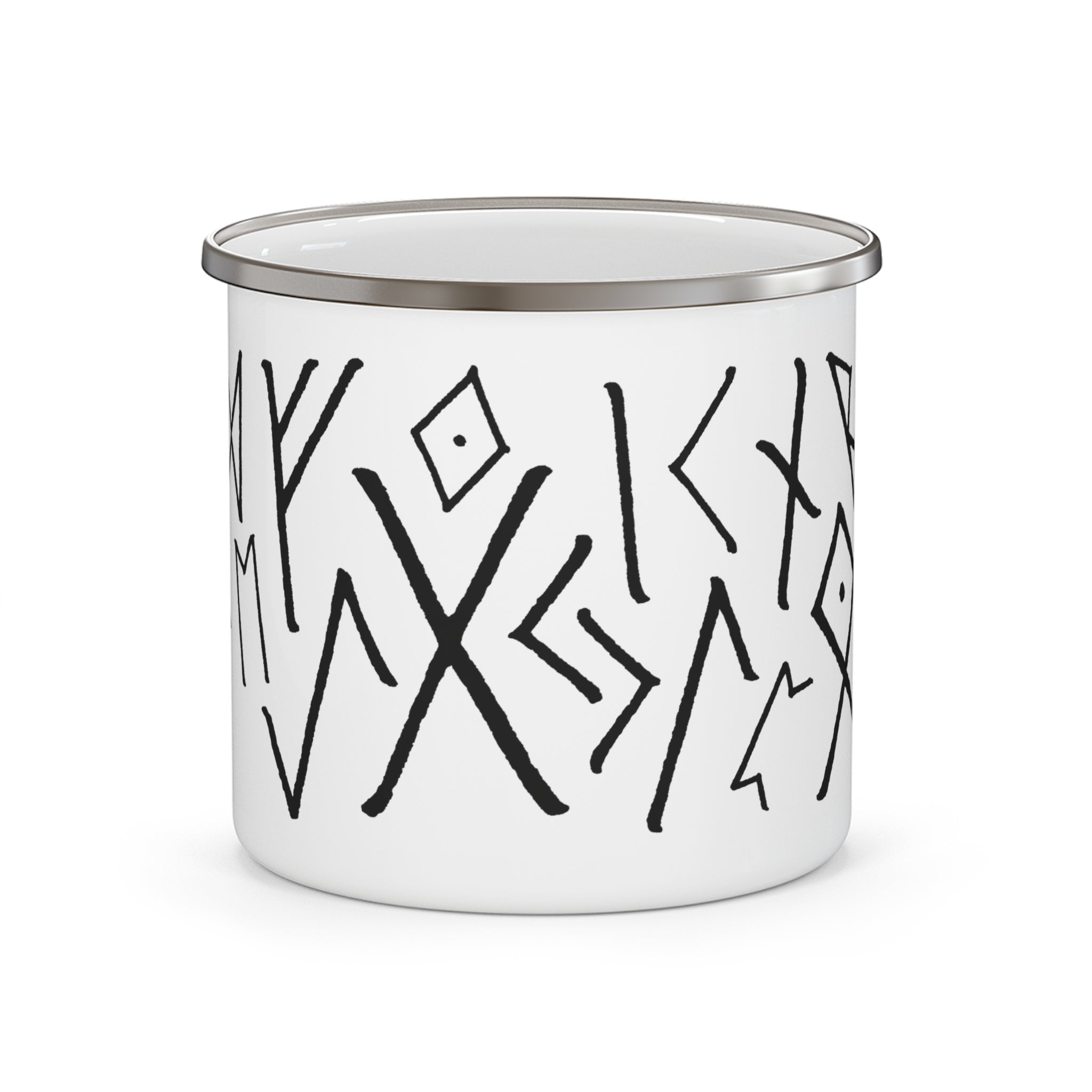 A white enamel camp mug with a silver metal rim, decorated with black abstract geometric line art, shown on a clean white background.