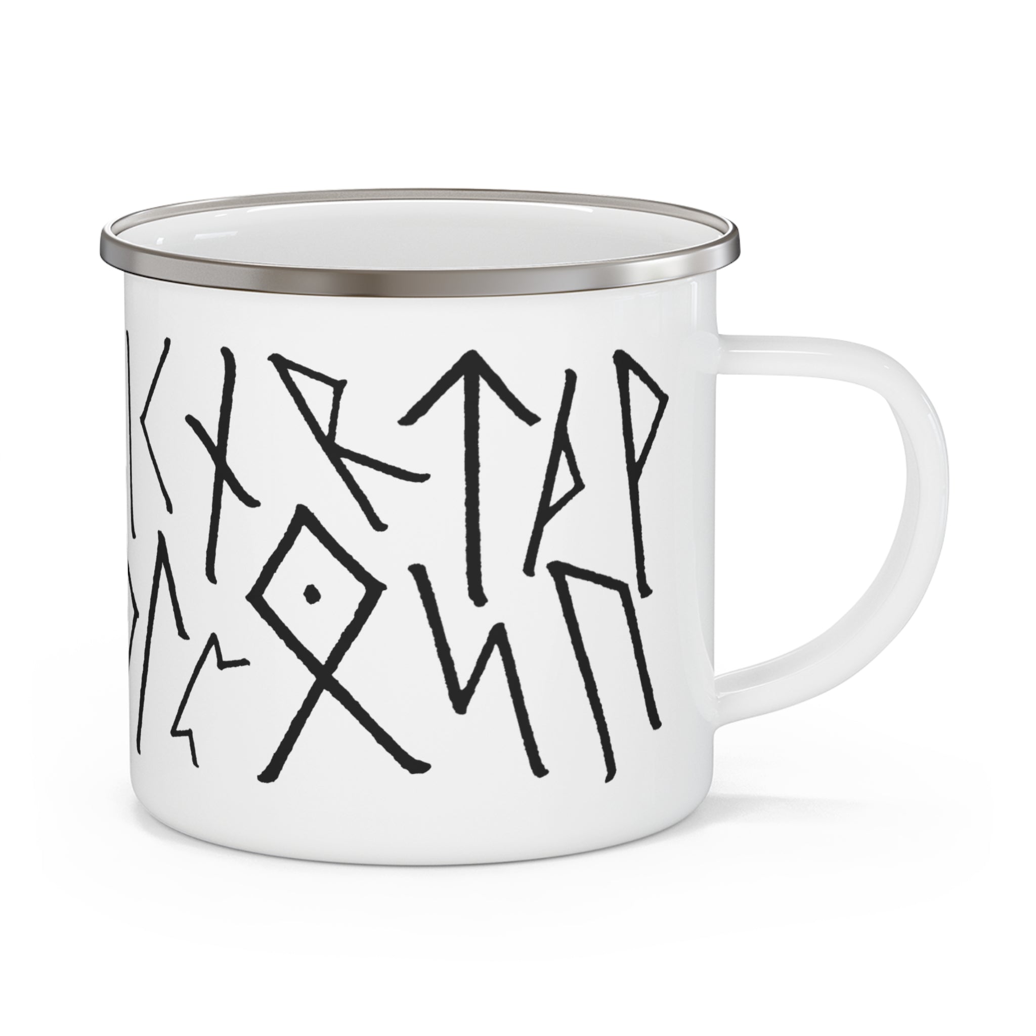 A white enamel camp mug with a silver metal rim and a black hand-drawn rune-style graphic on the side, shown against a plain white background.