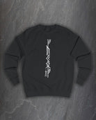 Front of a black F*ck Off Bindrune sweatshirt with a tall white vertical bind rune print on a dark slate background